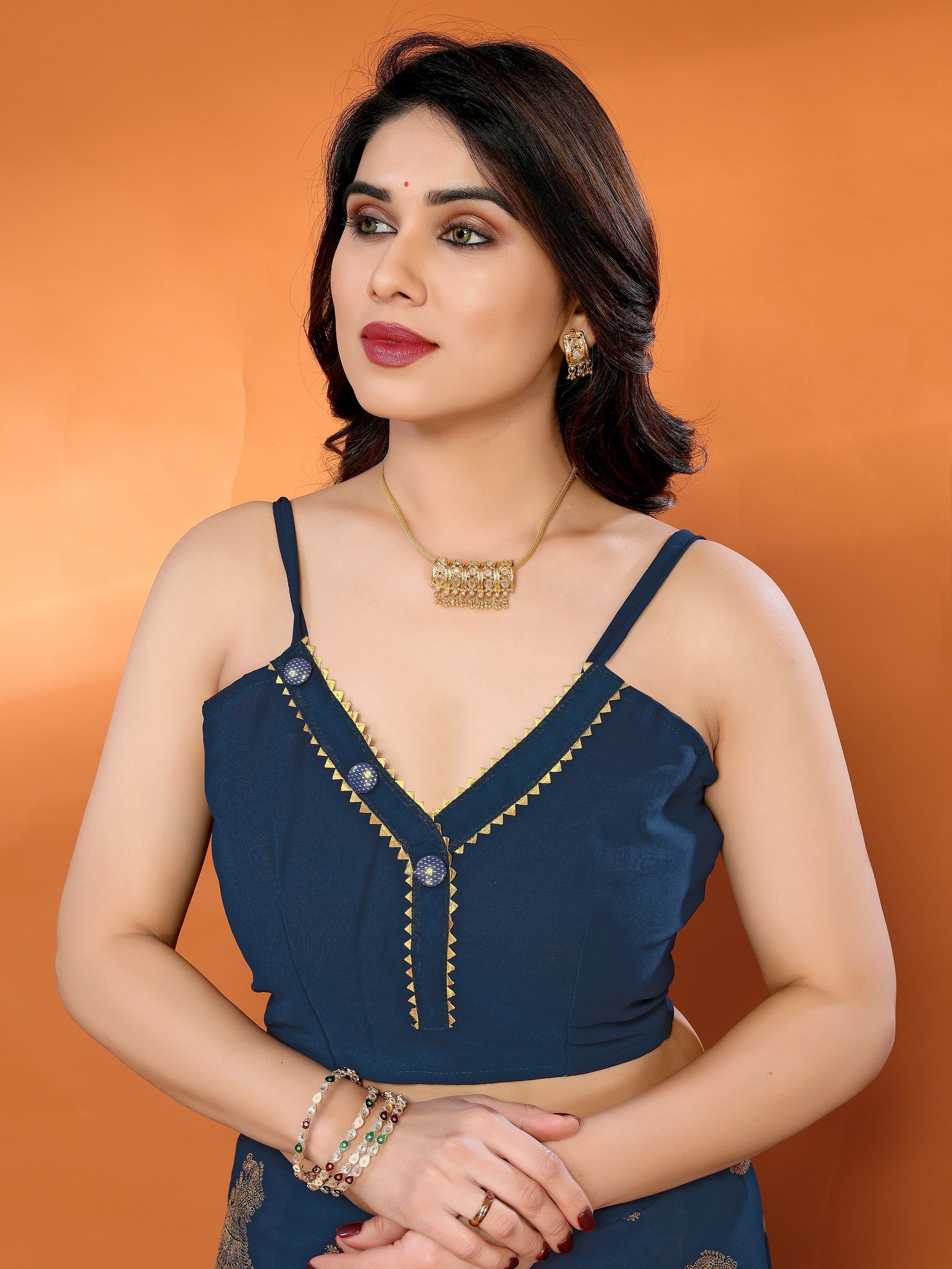 Navy Blue Georgette Saree with Golden Zari Paisley Work