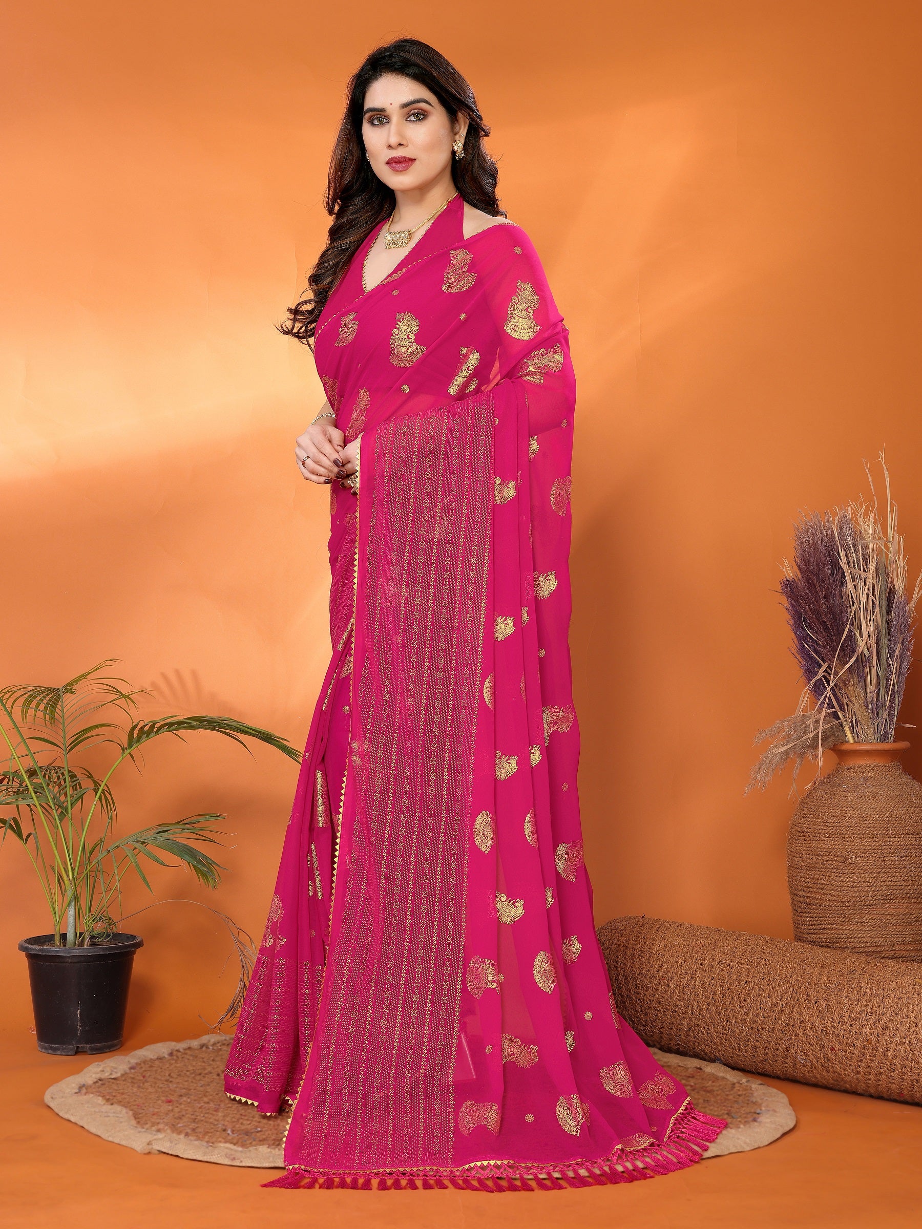 Hot Pink Georgette Saree with Golden Zari Work
