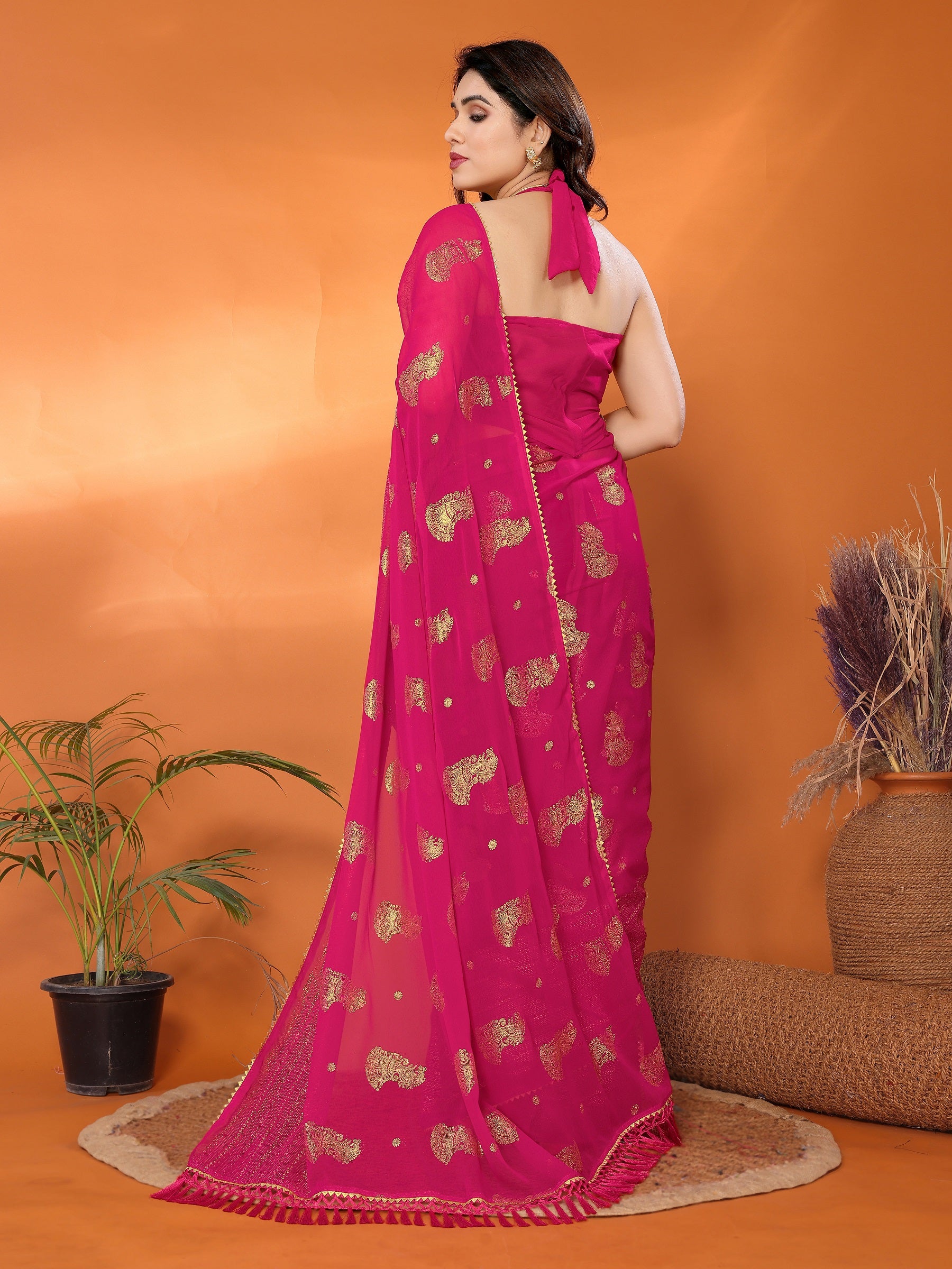 Hot Pink Georgette Saree with Golden Zari Work