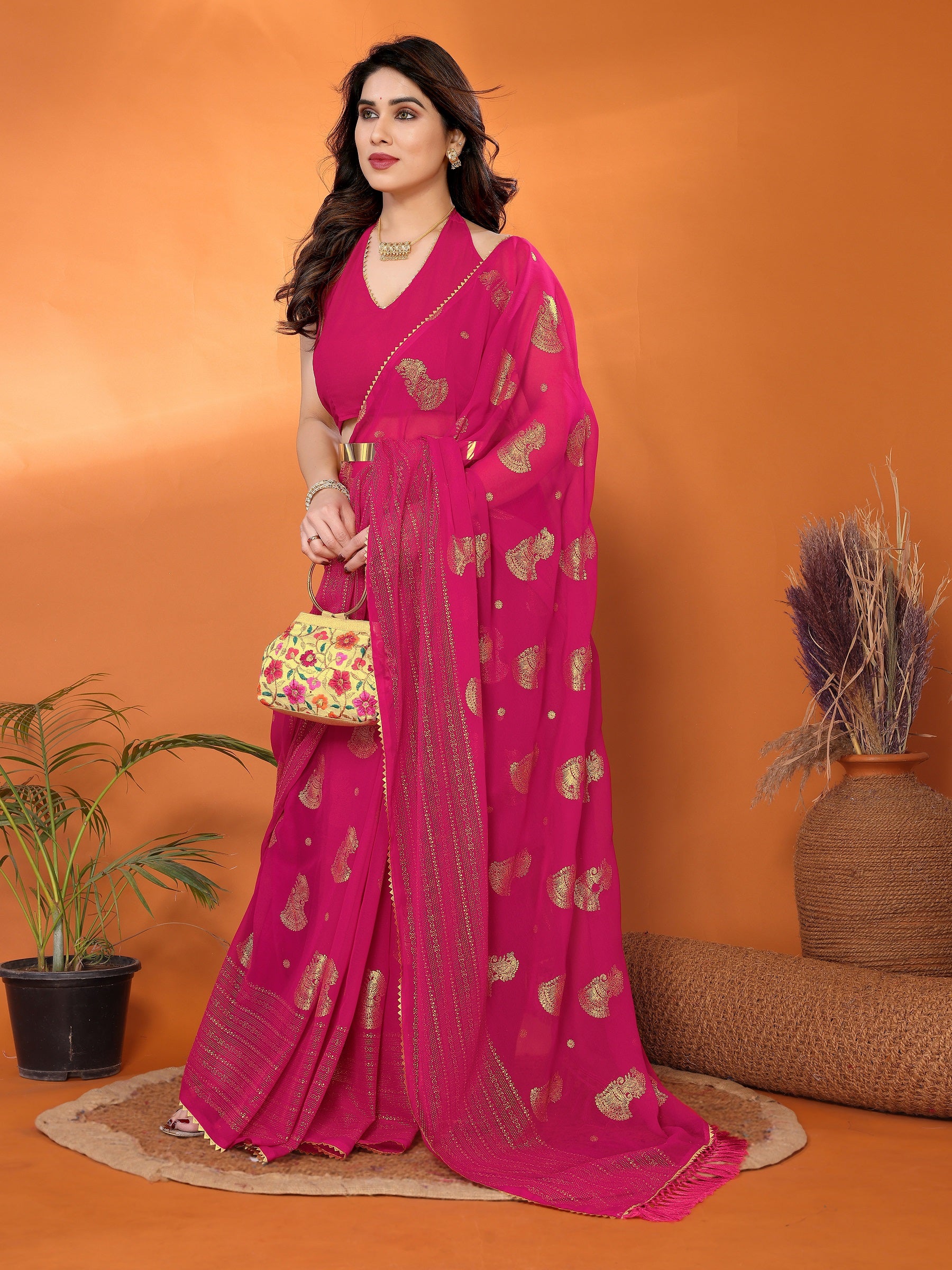 Hot Pink Georgette Saree with Golden Zari Work