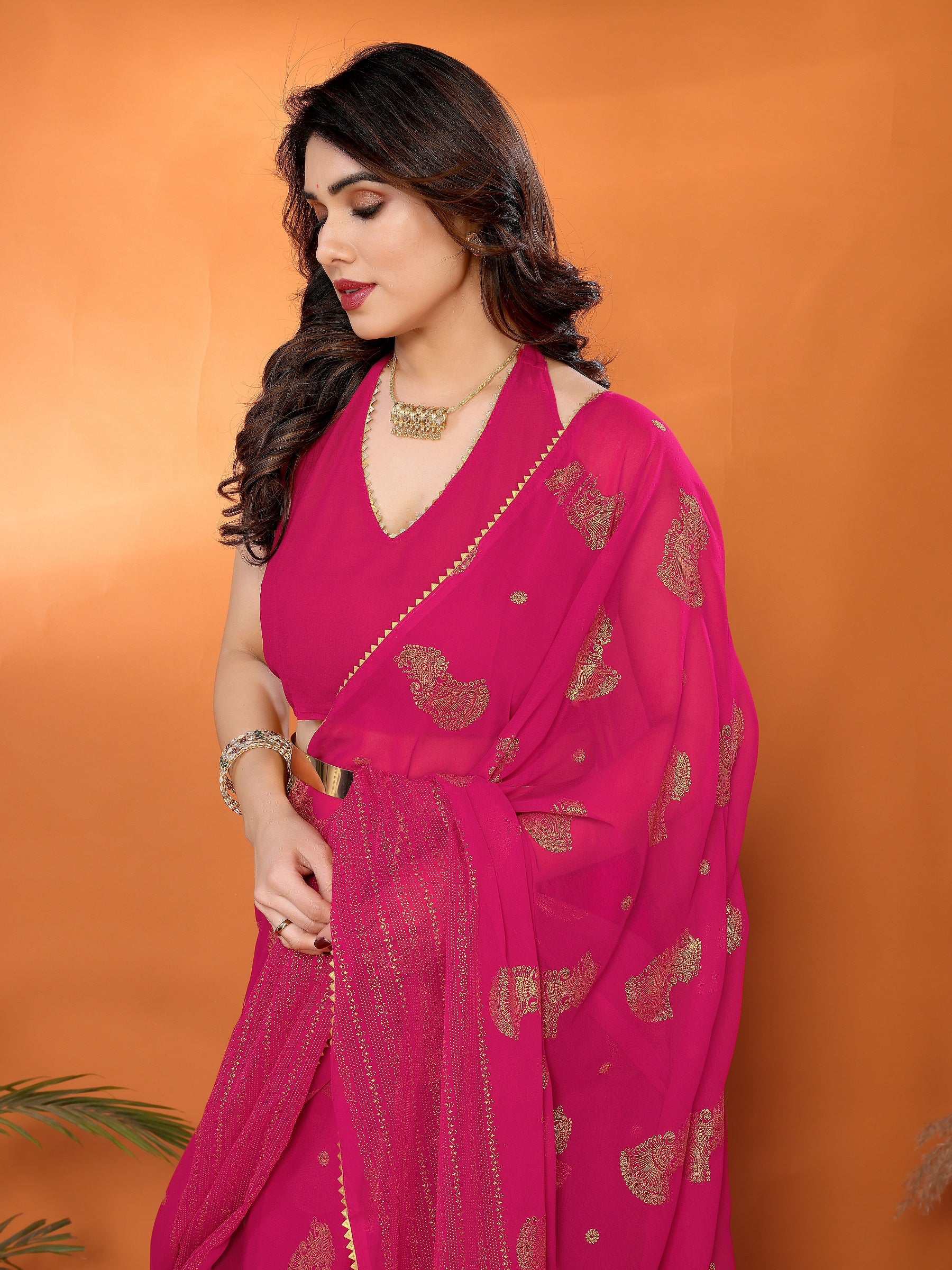 Hot Pink Georgette Saree with Golden Zari Work