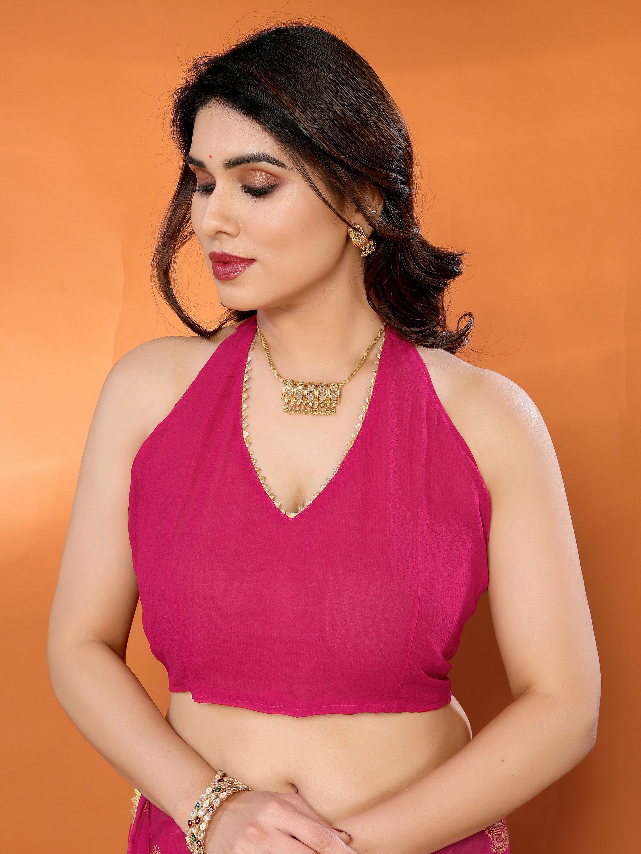 Hot Pink Georgette Saree with Golden Zari Work