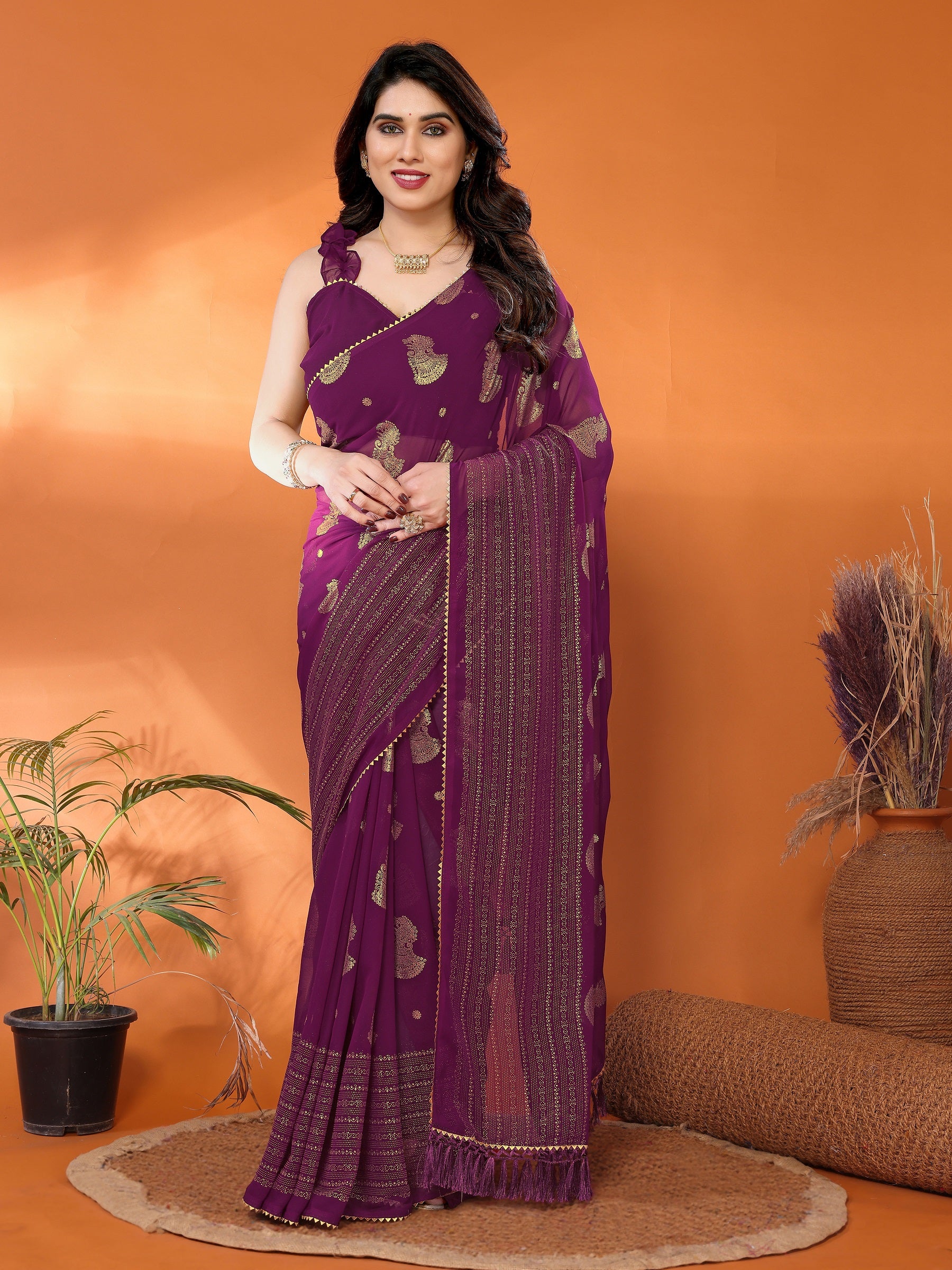 Wine Purple Georgette Saree with Golden Zari Detailing