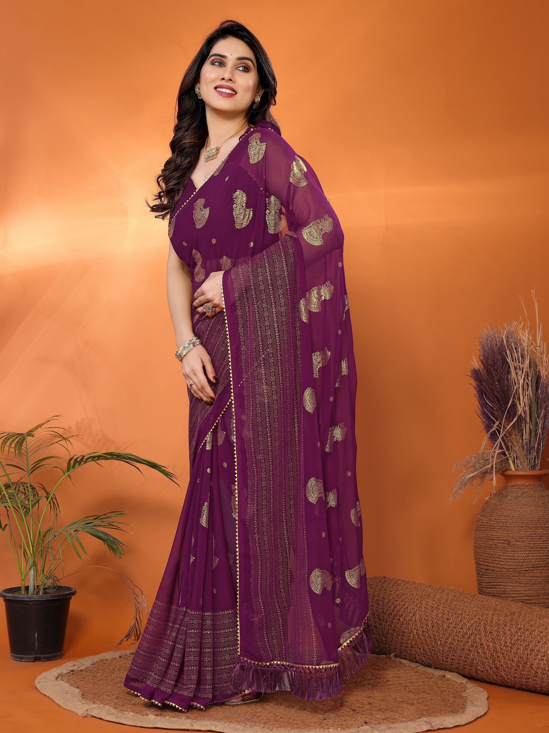 Wine Purple Georgette Saree with Golden Zari Detailing