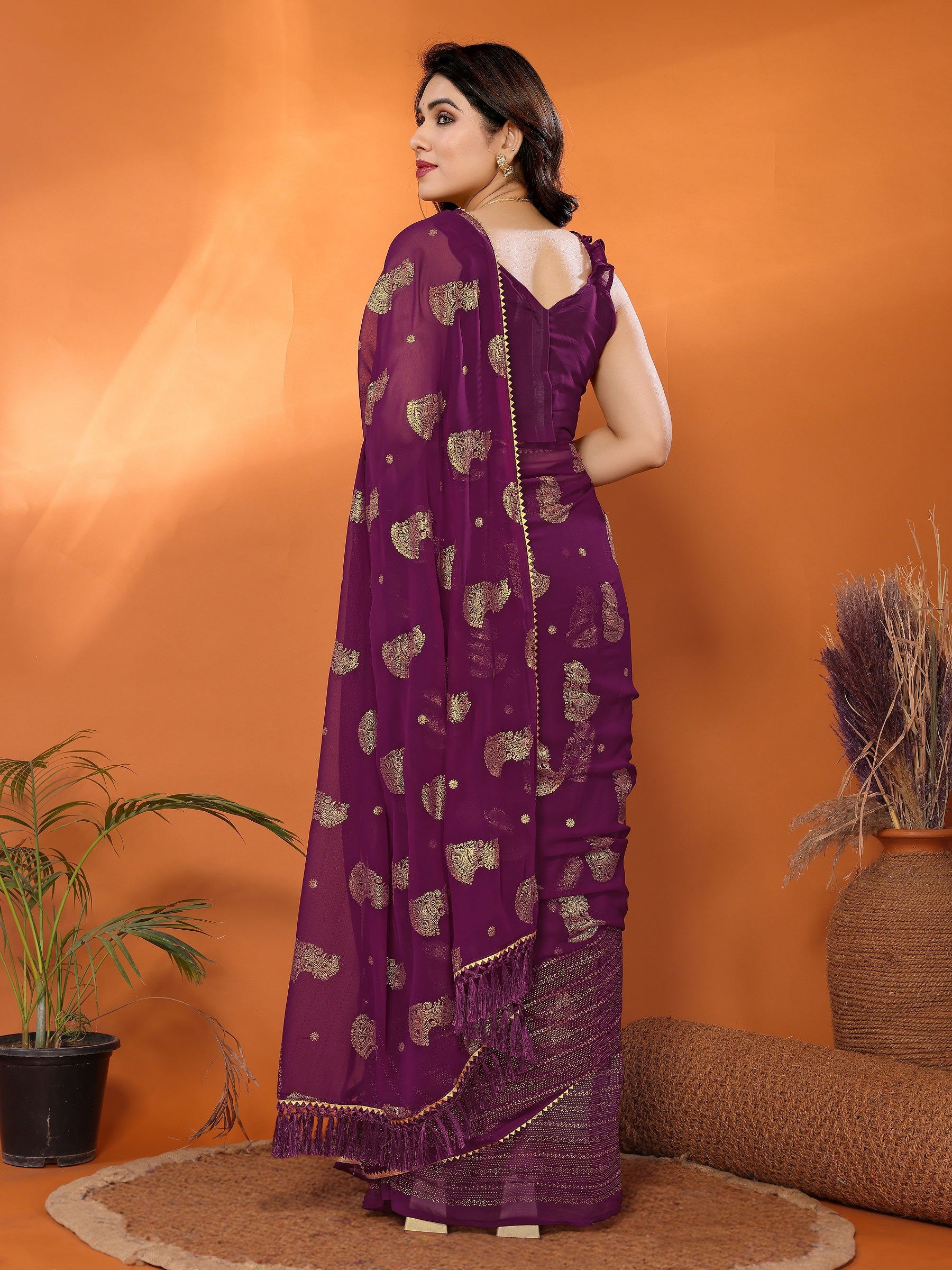 Wine Purple Georgette Saree with Golden Zari Detailing