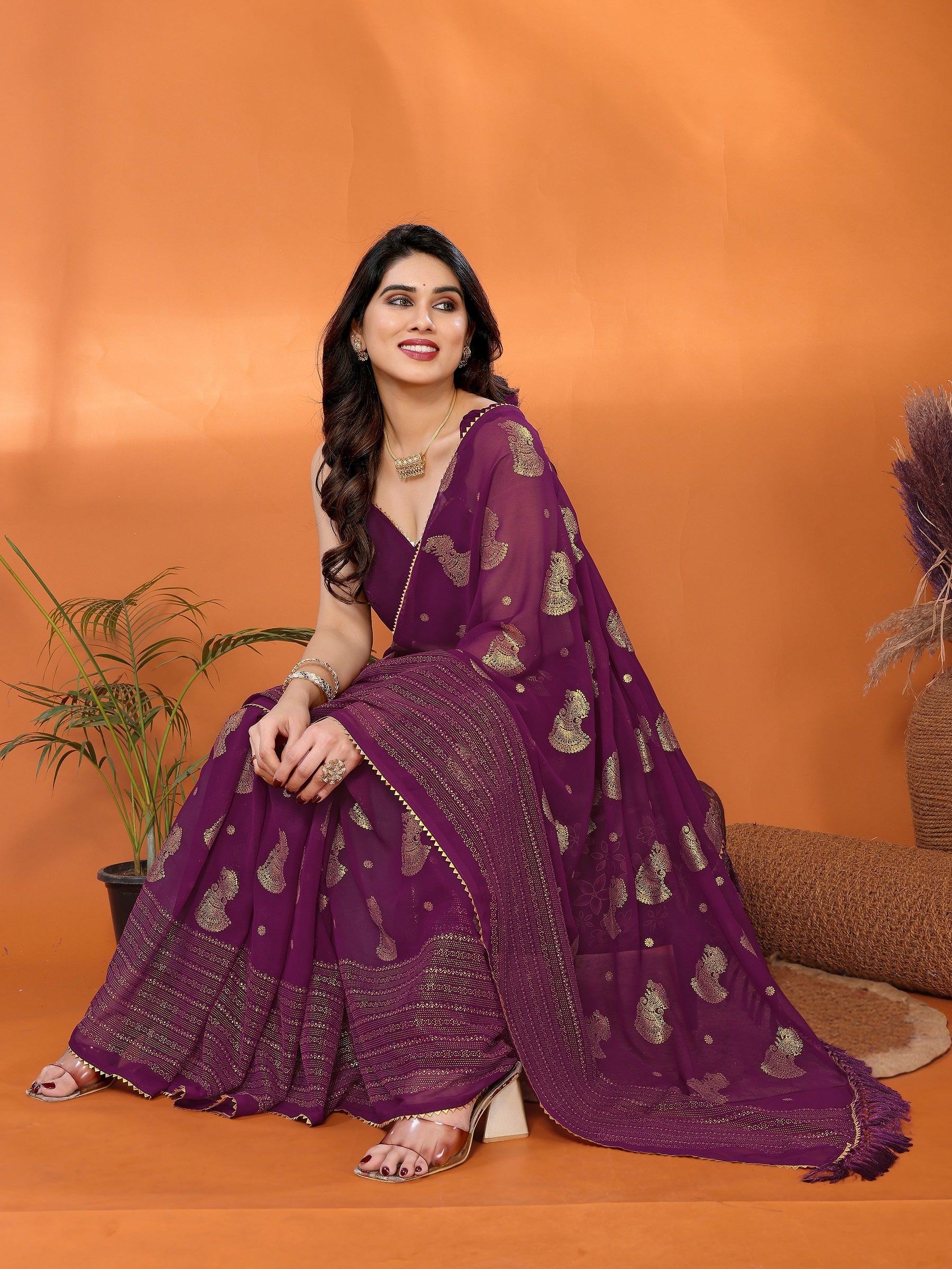 Wine Purple Georgette Saree with Golden Zari Detailing