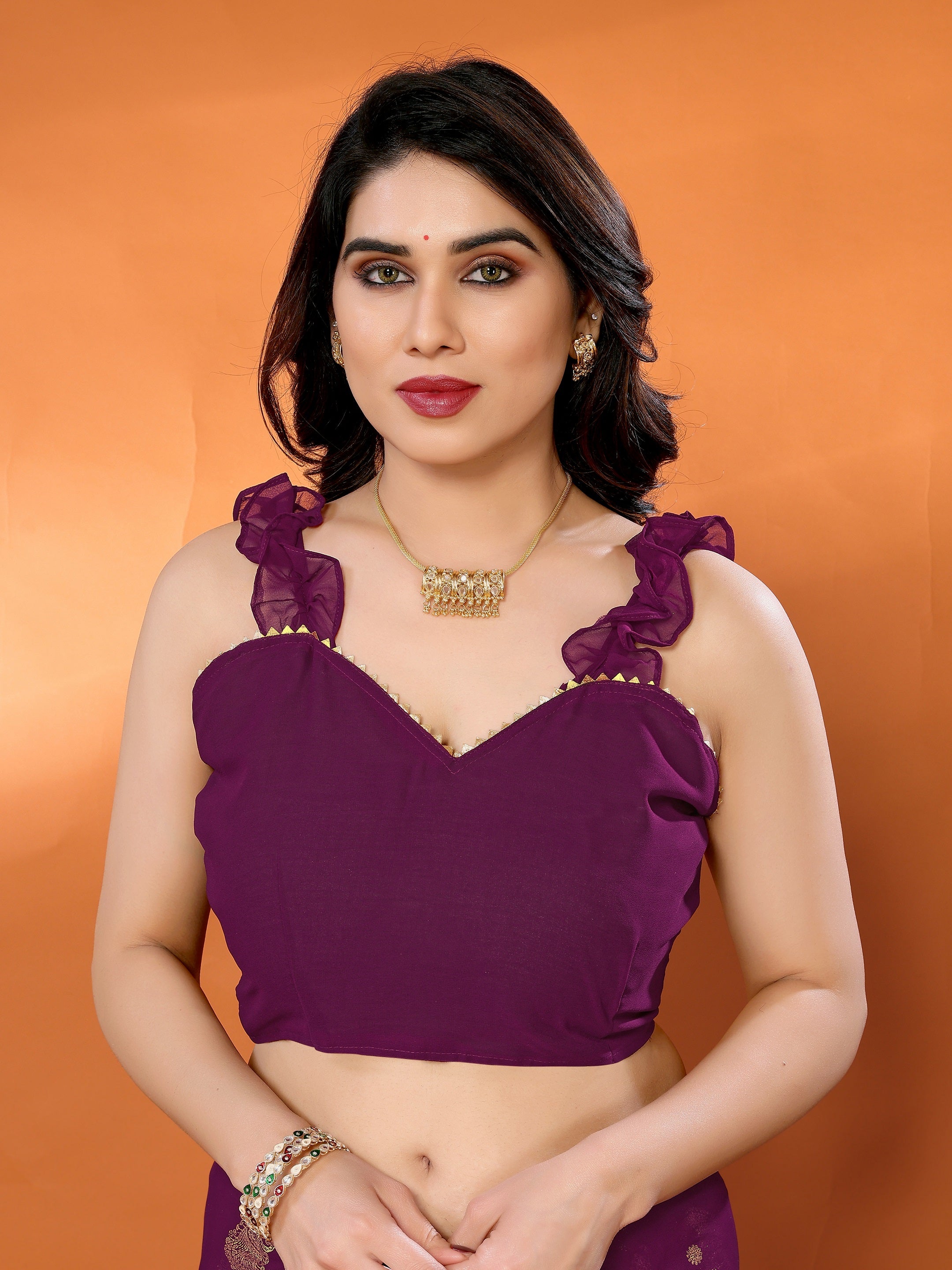 Wine Purple Georgette Saree with Golden Zari Detailing
