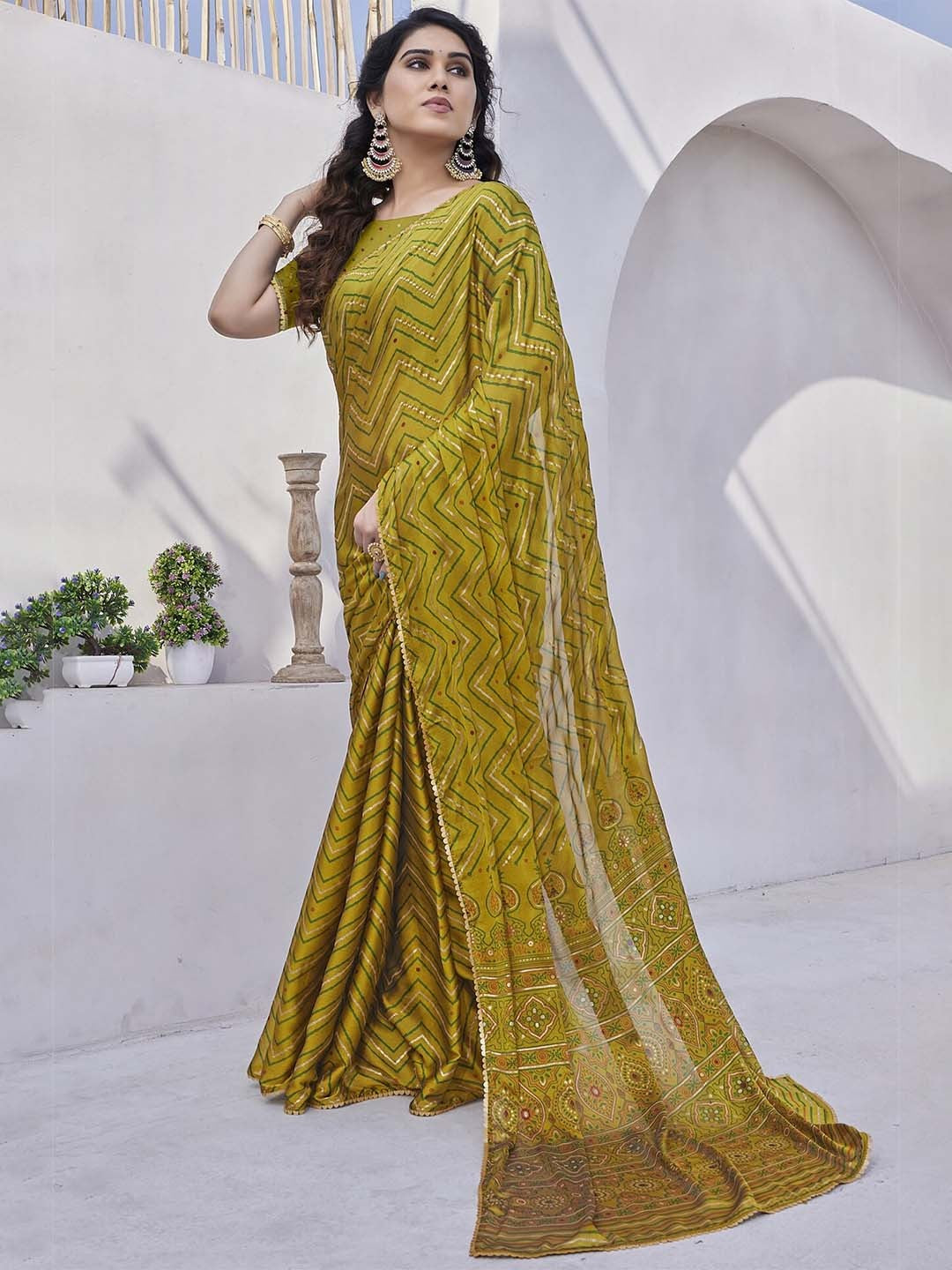 Mustard Yellow Printed Saree with Traditional Motifs