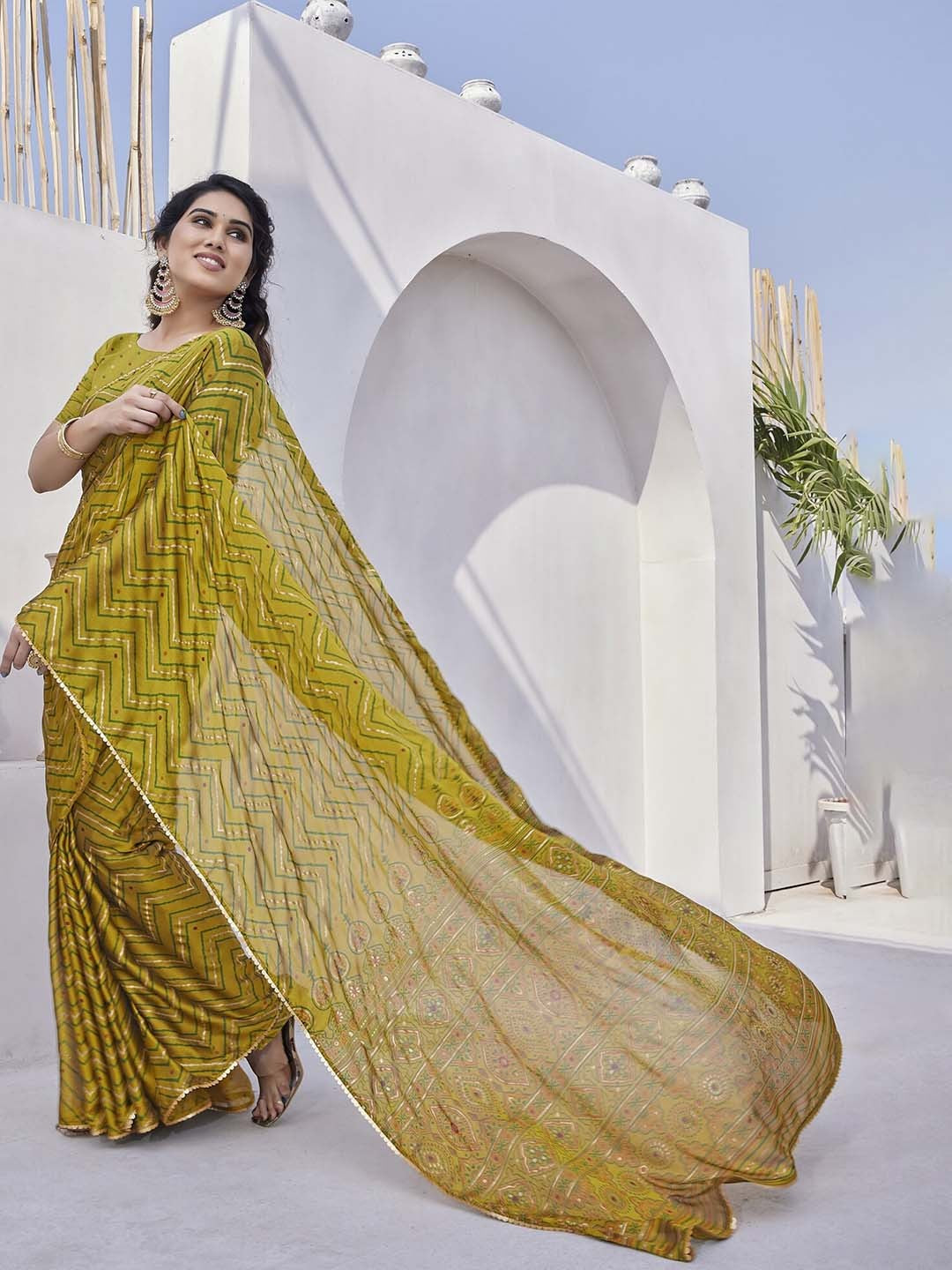 Mustard Yellow Printed Saree with Traditional Motifs