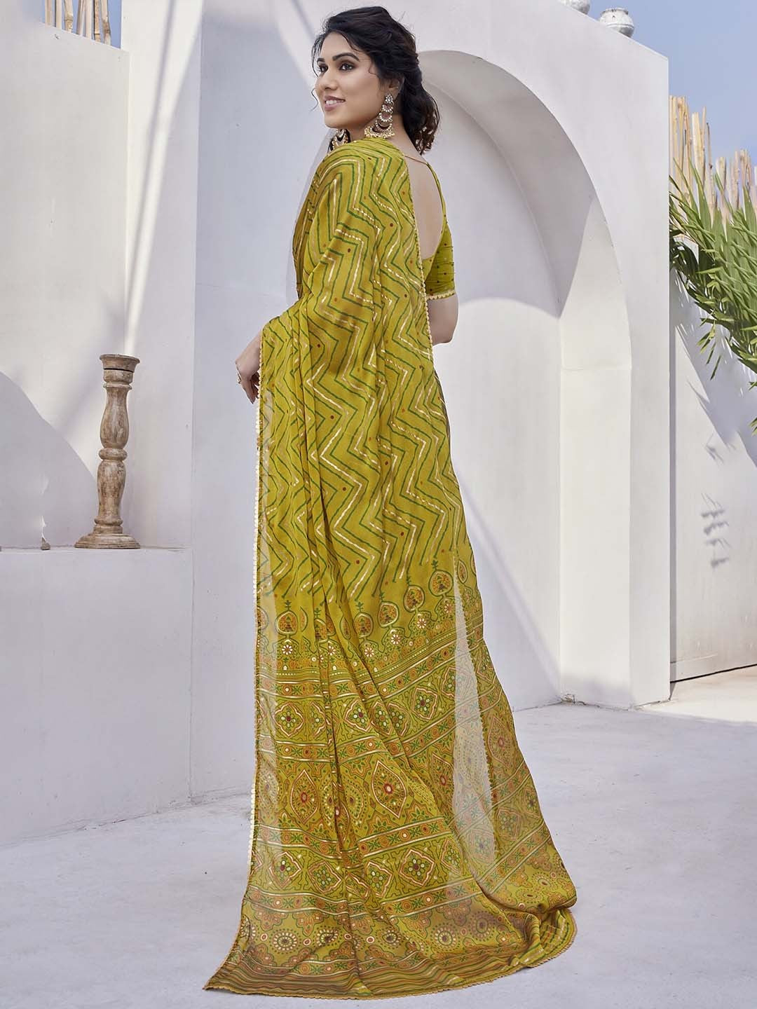 Mustard Yellow Printed Saree with Traditional Motifs