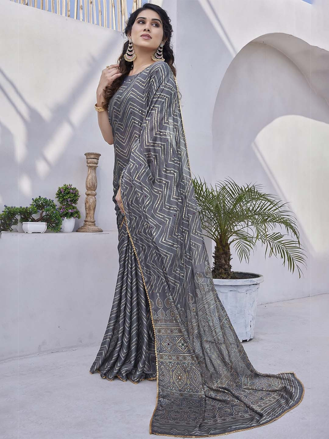 Charcoal Grey Printed Saree with Traditional Ethnic Pallu