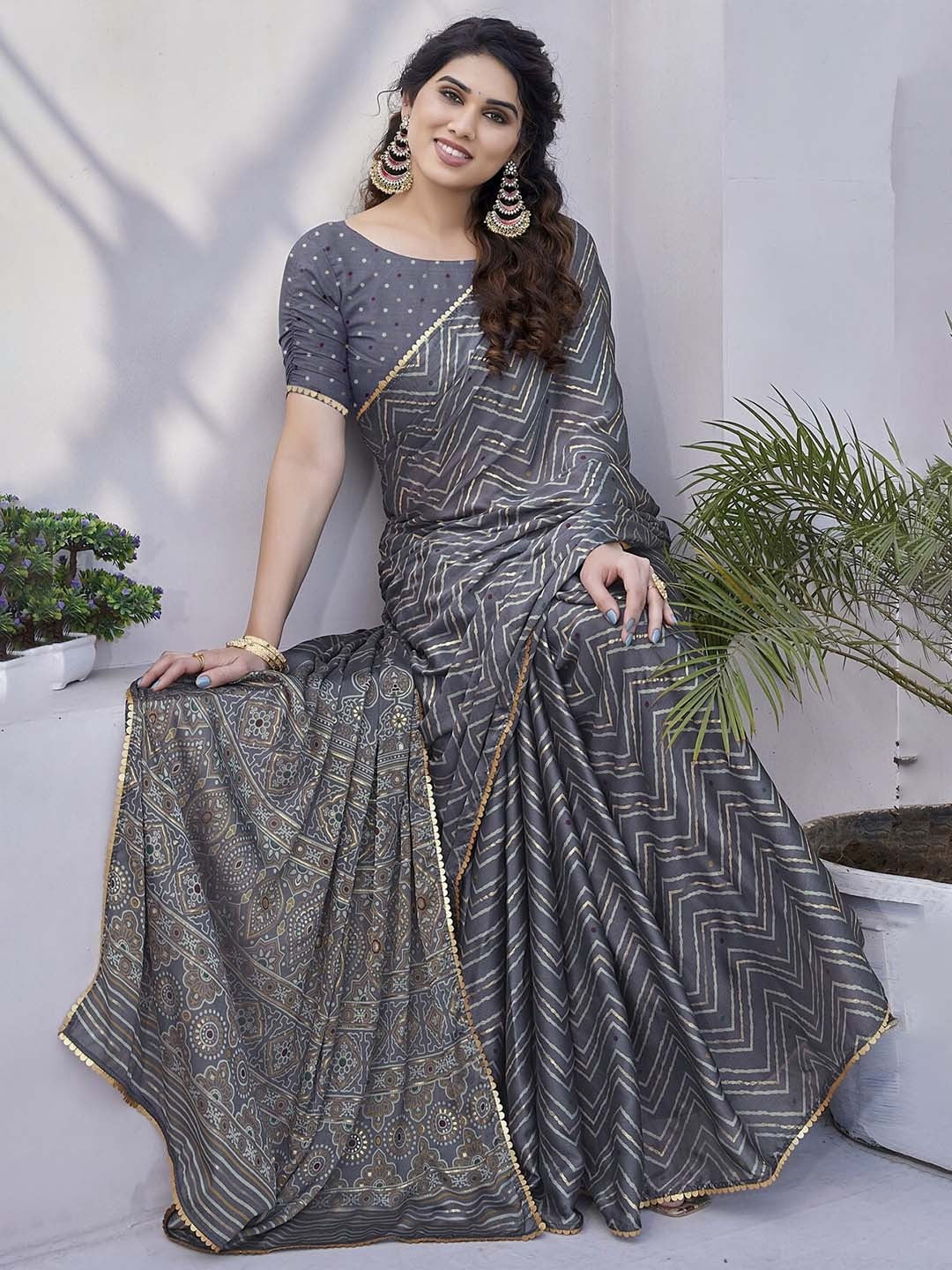 Charcoal Grey Printed Saree with Traditional Ethnic Pallu