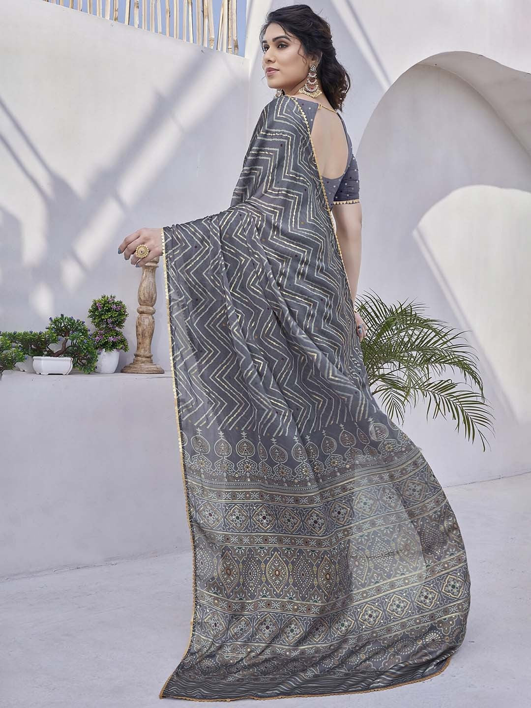 Charcoal Grey Printed Saree with Traditional Ethnic Pallu