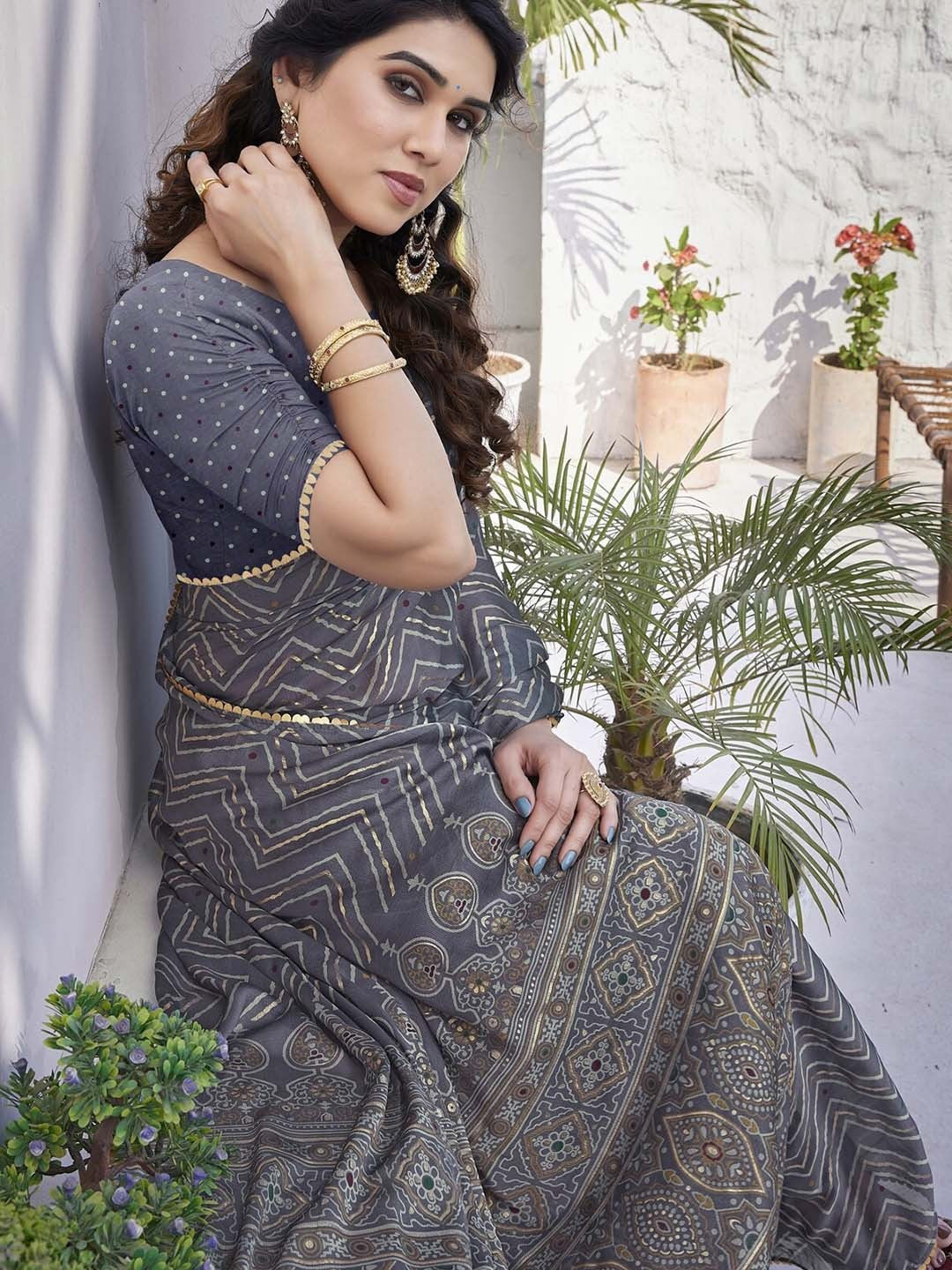 Charcoal Grey Printed Saree with Traditional Ethnic Pallu