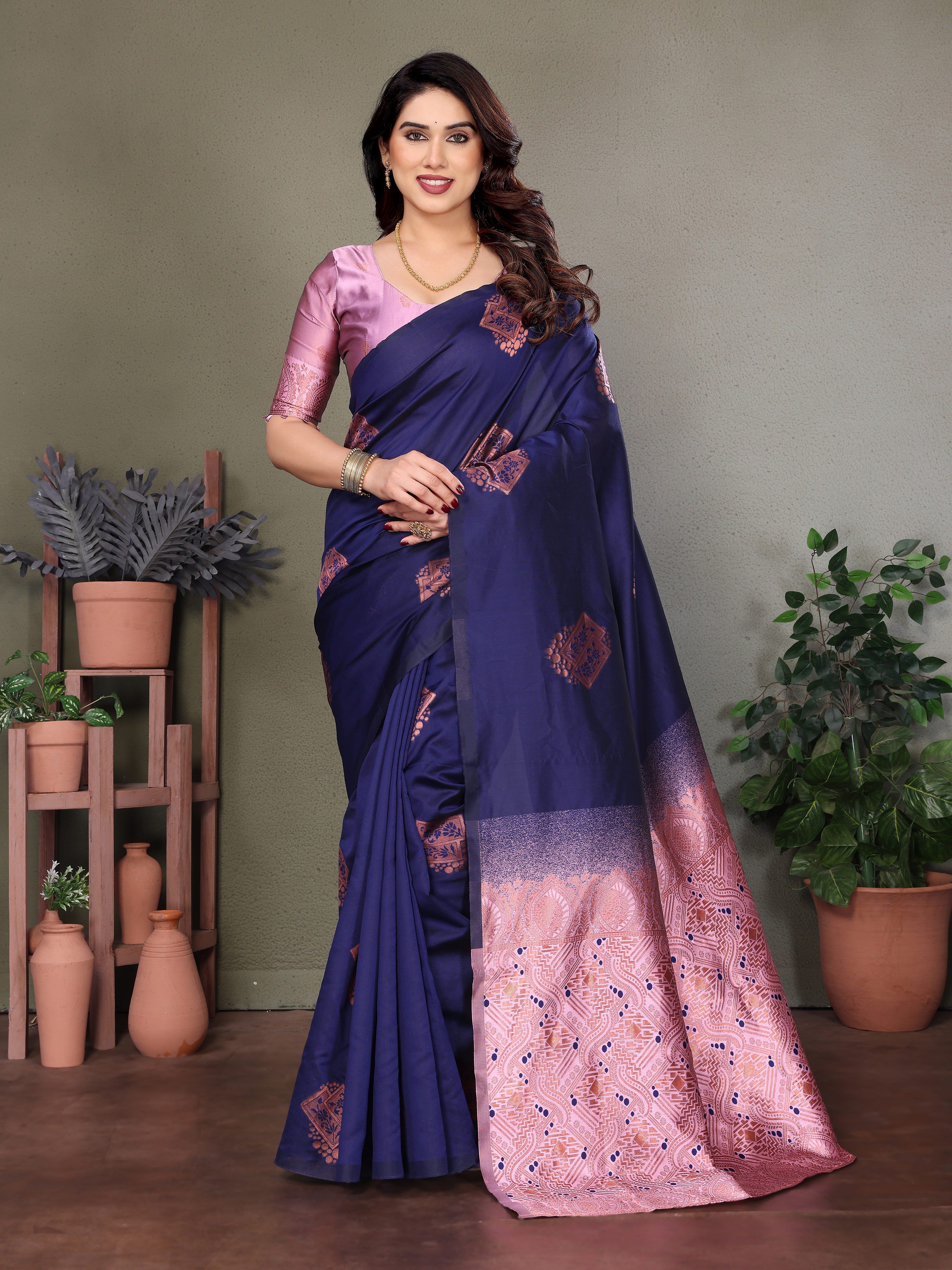 Royal Blue & Pink Soft Silk Traditional Saree