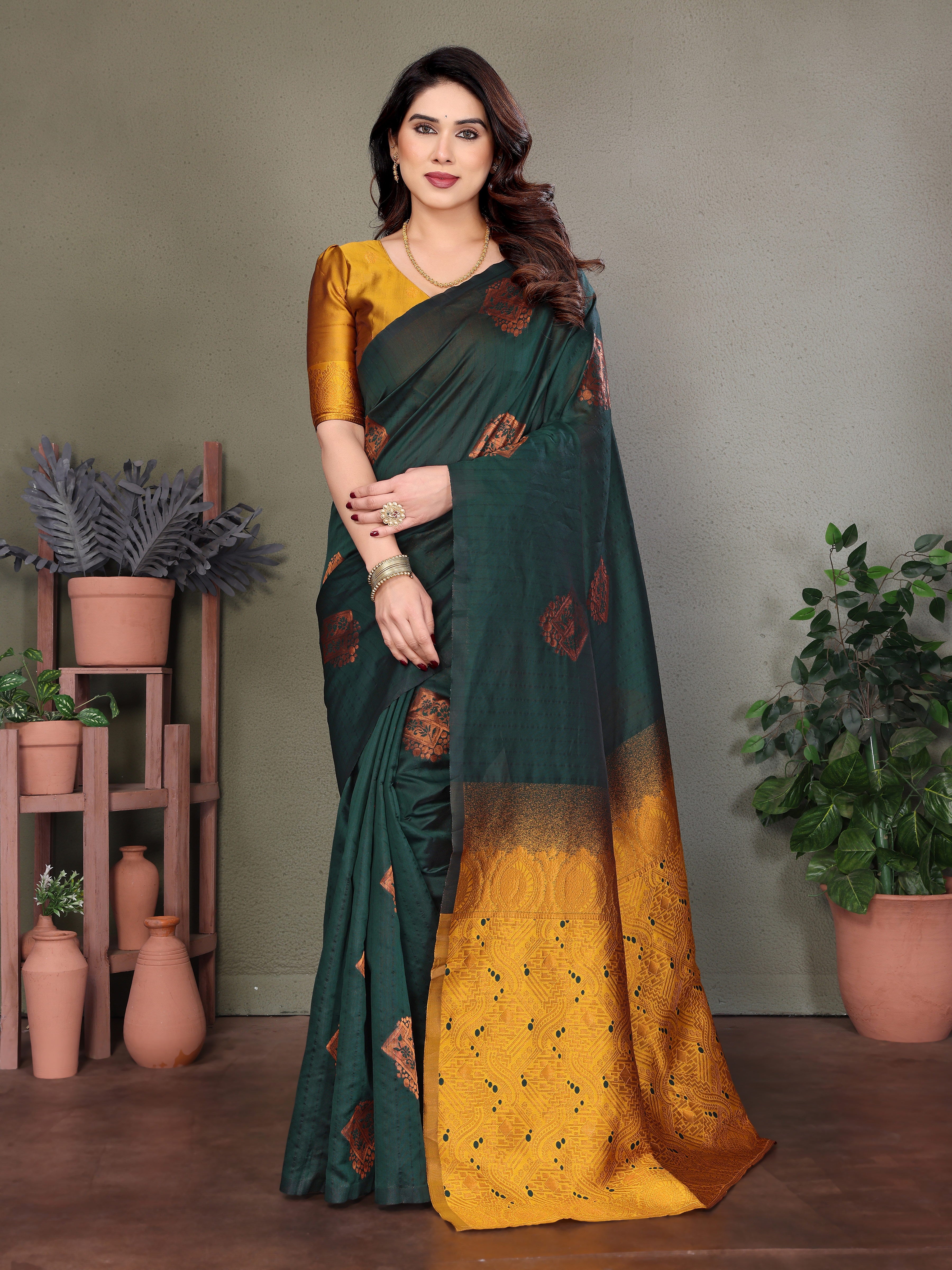 Elegant Bottle Green & Mustard Silk Blend Saree
