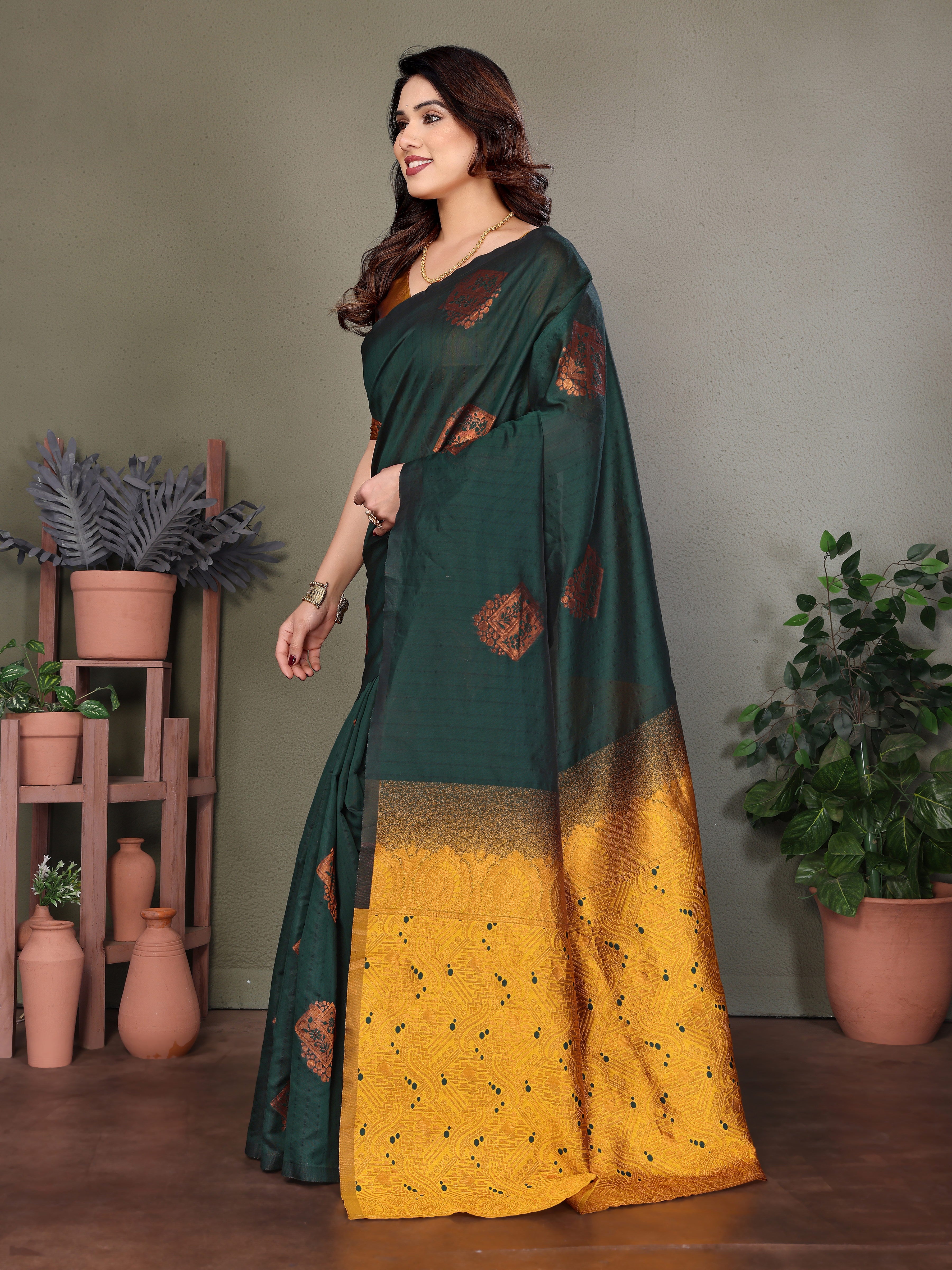 Elegant Bottle Green & Mustard Silk Blend Saree