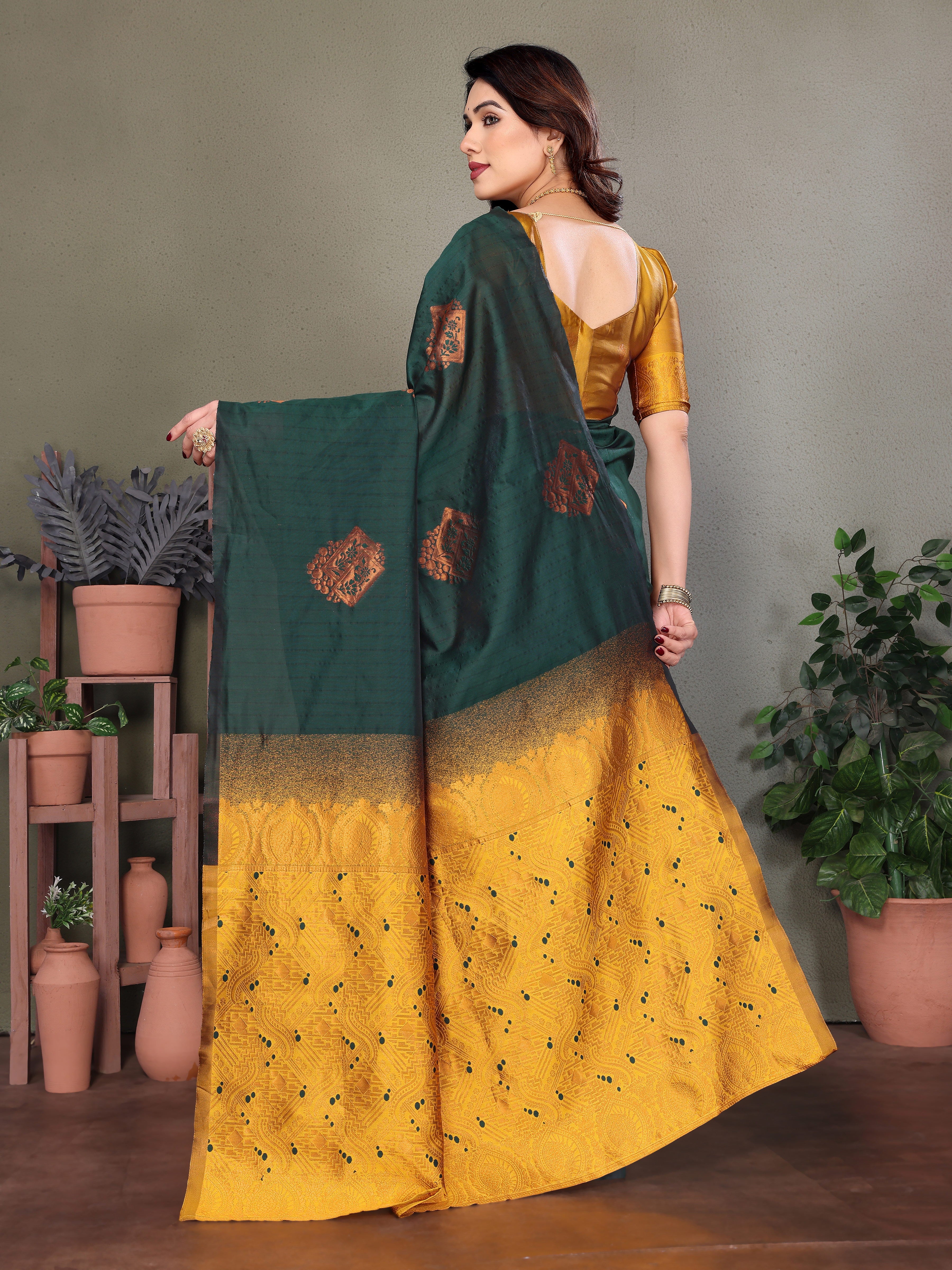 Elegant Bottle Green & Mustard Silk Blend Saree