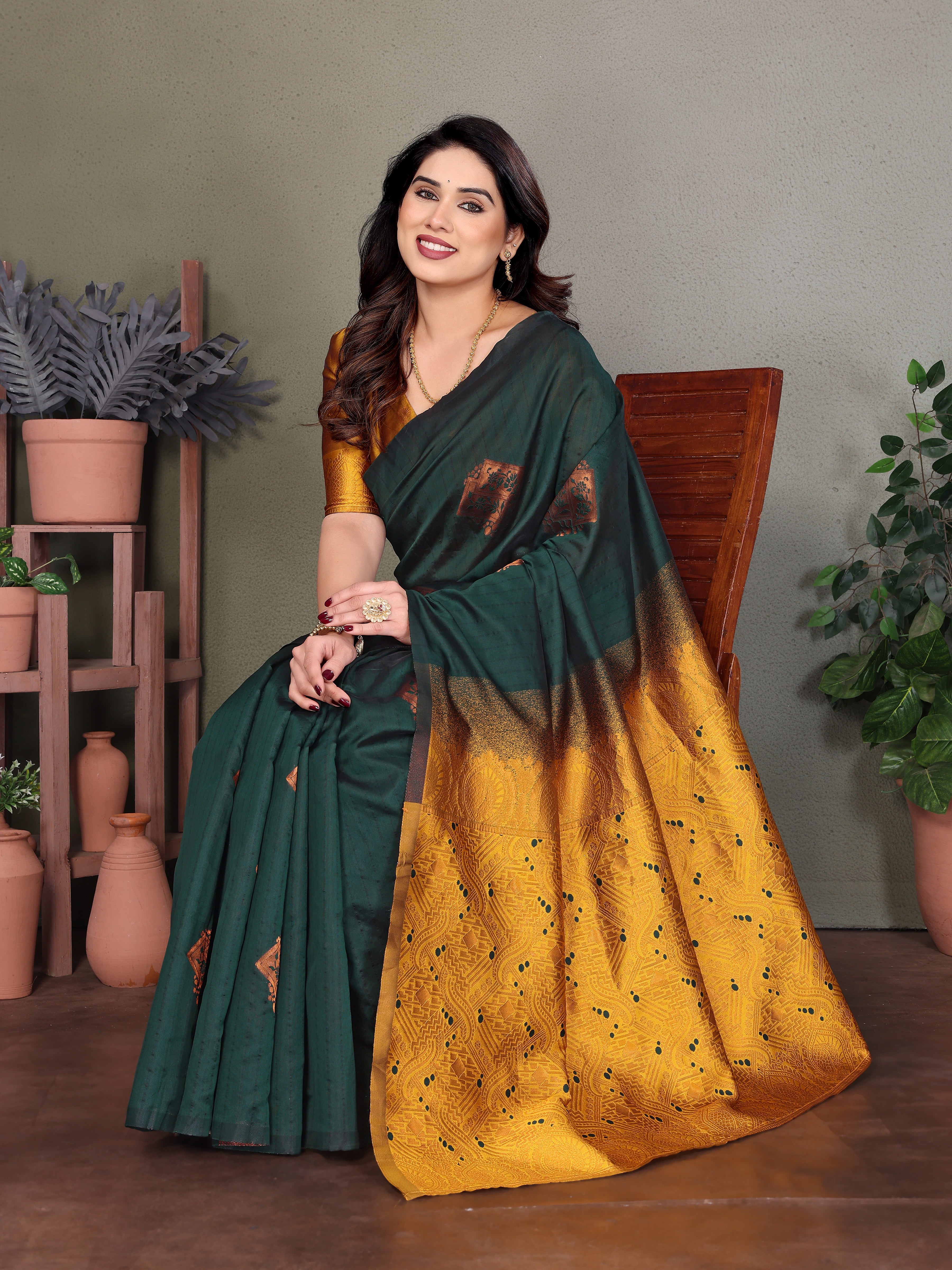 Elegant Bottle Green & Mustard Silk Blend Saree