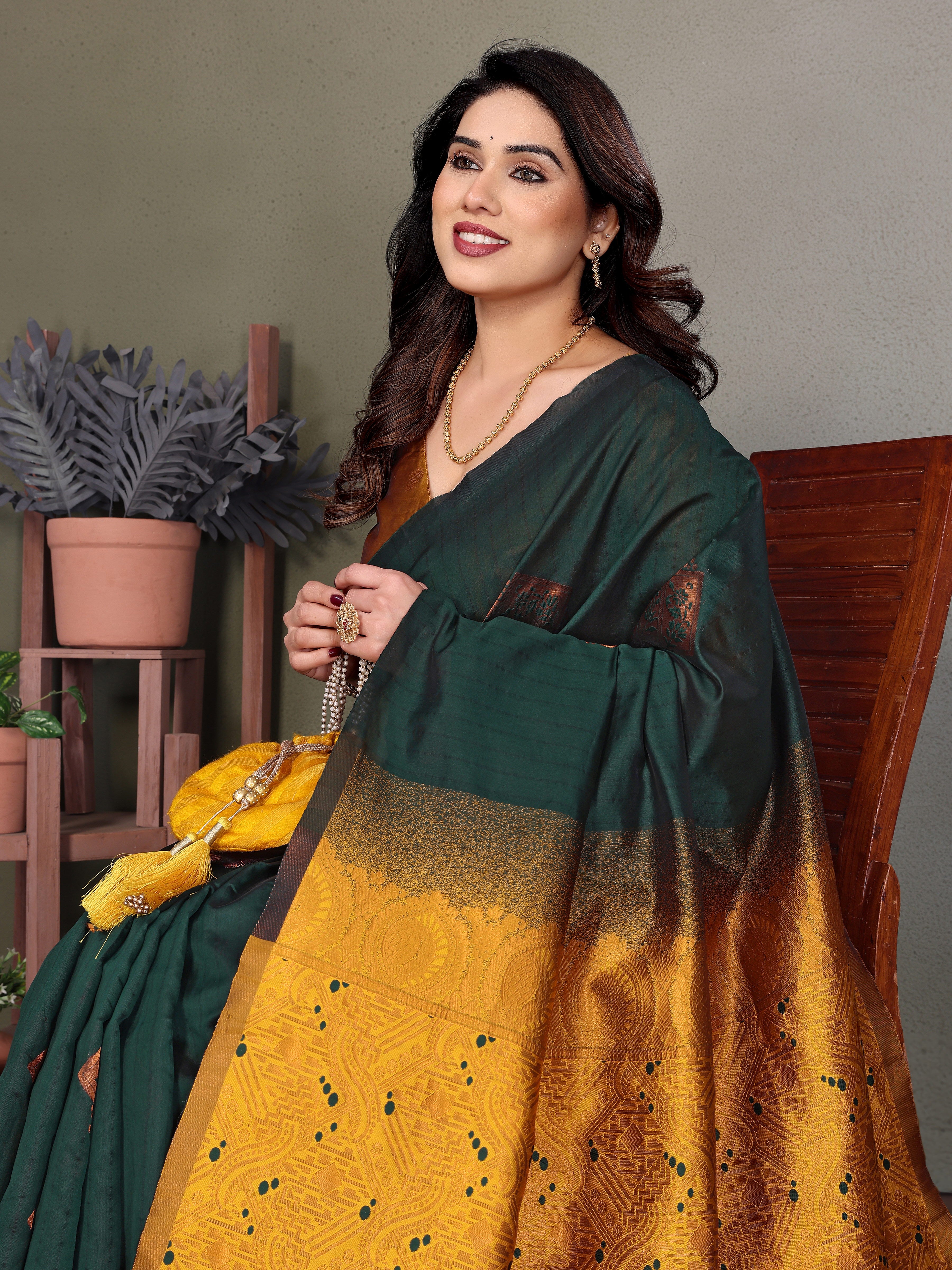 Elegant Bottle Green & Mustard Silk Blend Saree