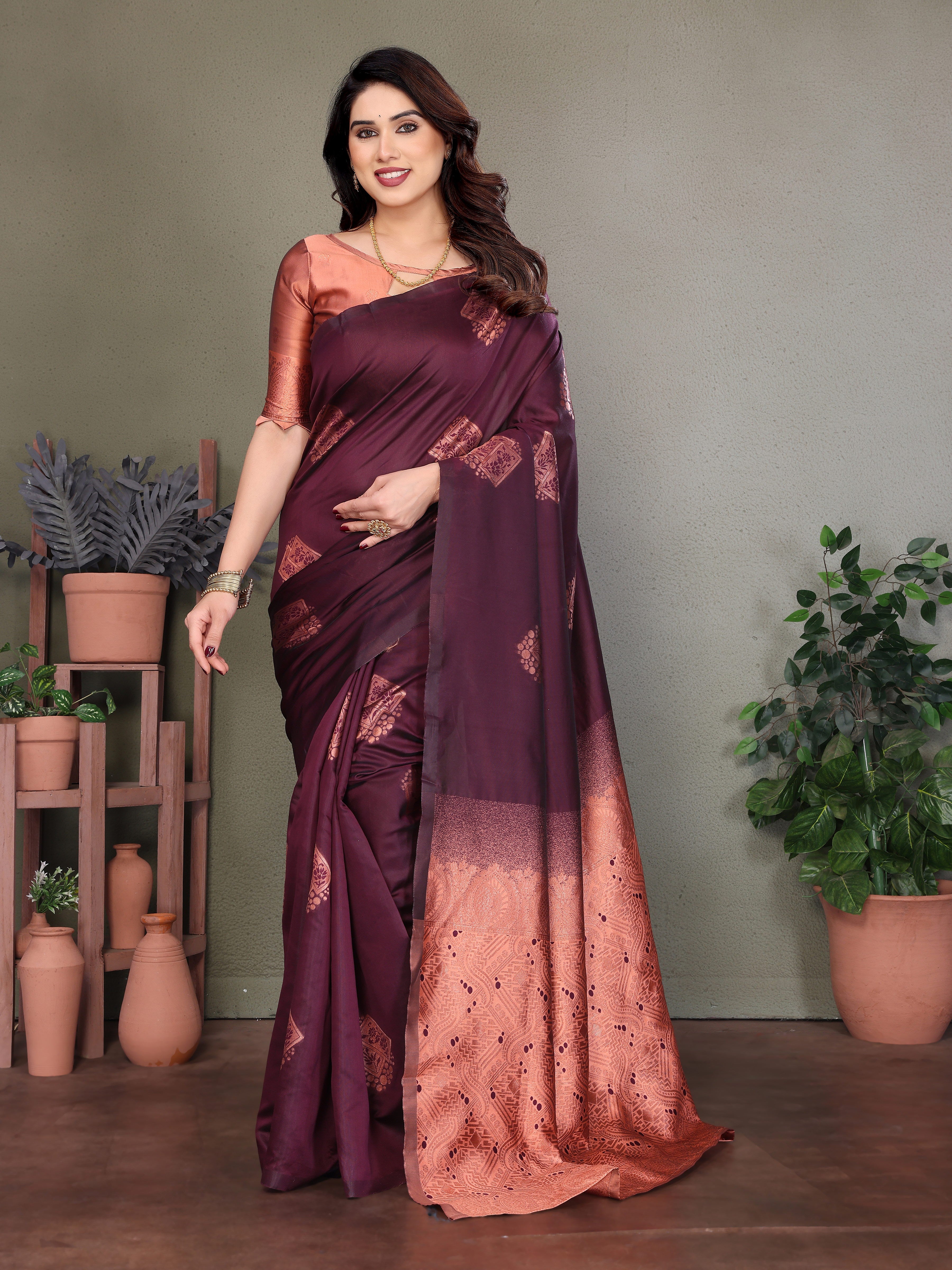 Maroon Copper Silk Blend Saree with Woven Pallu