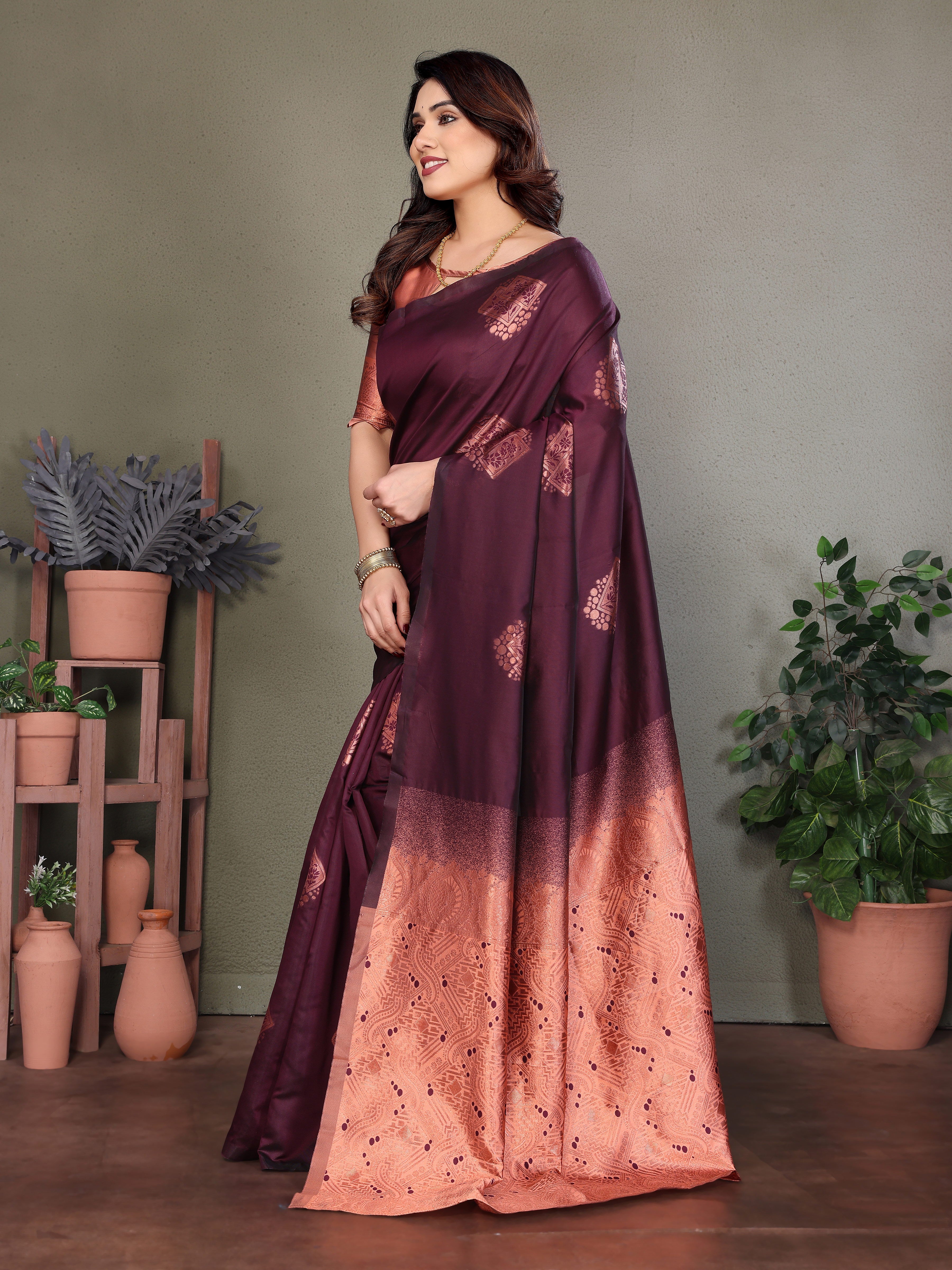 Maroon Copper Silk Blend Saree with Woven Pallu