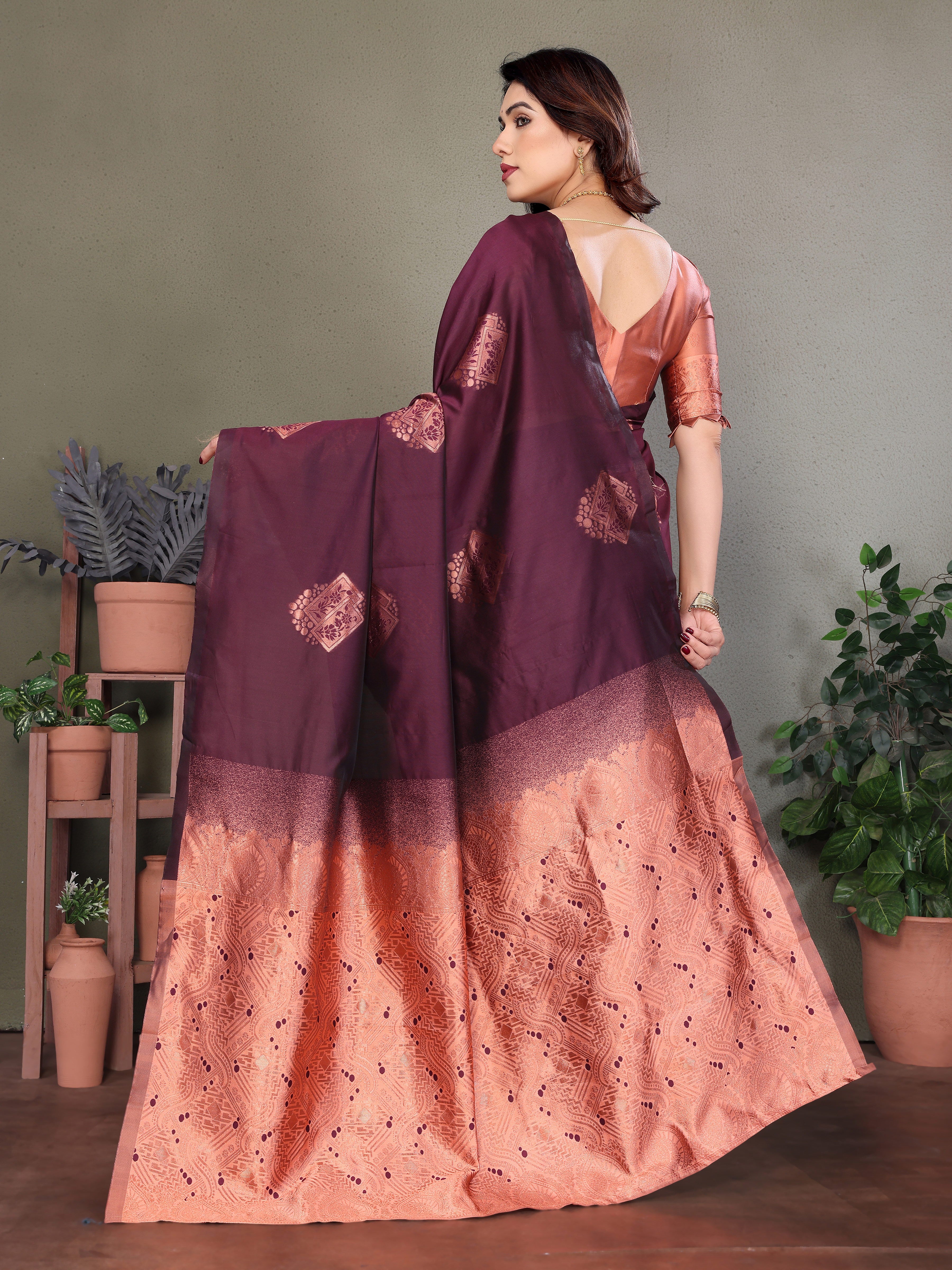 Maroon Copper Silk Blend Saree with Woven Pallu