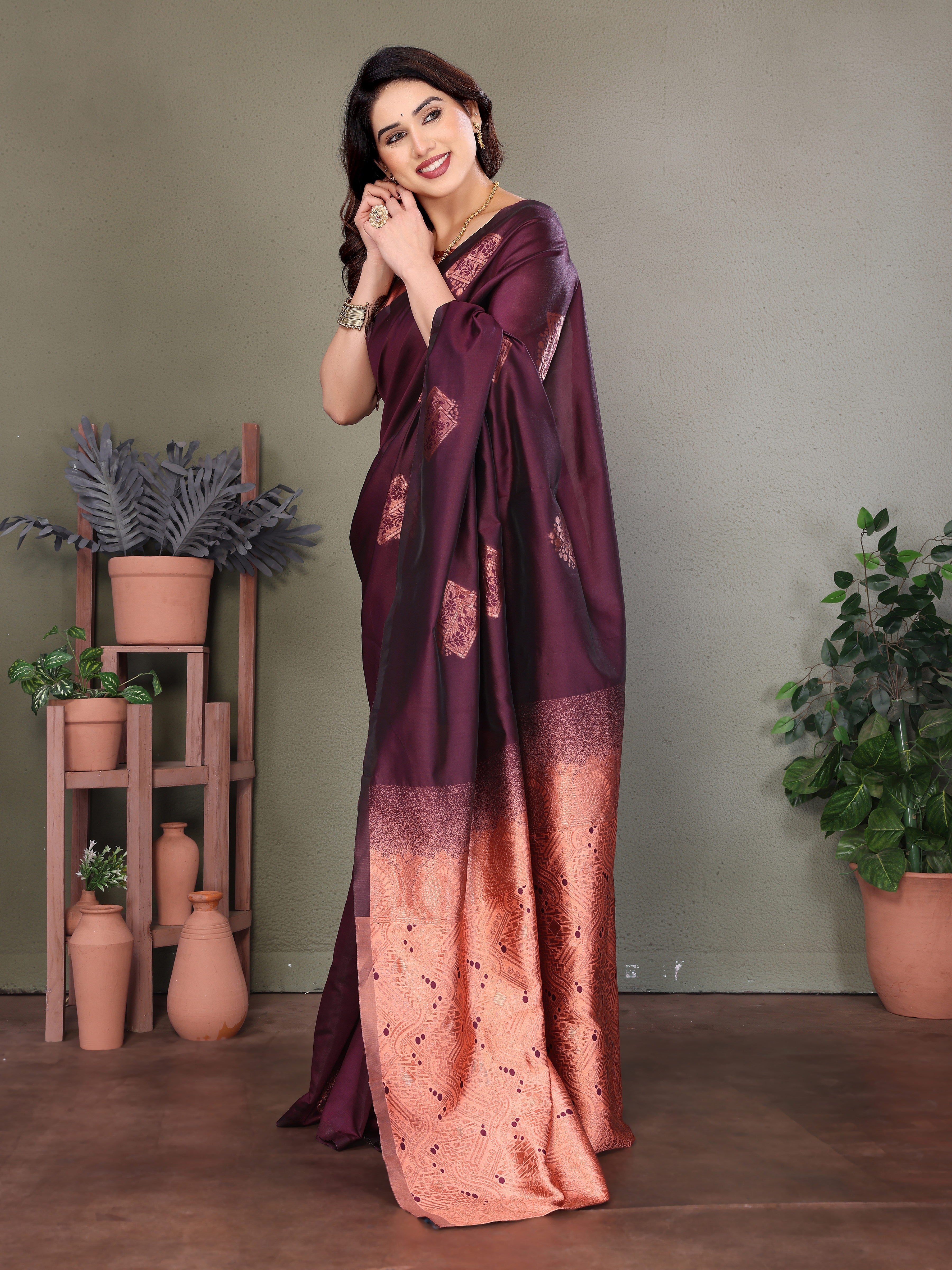 Maroon Copper Silk Blend Saree with Woven Pallu