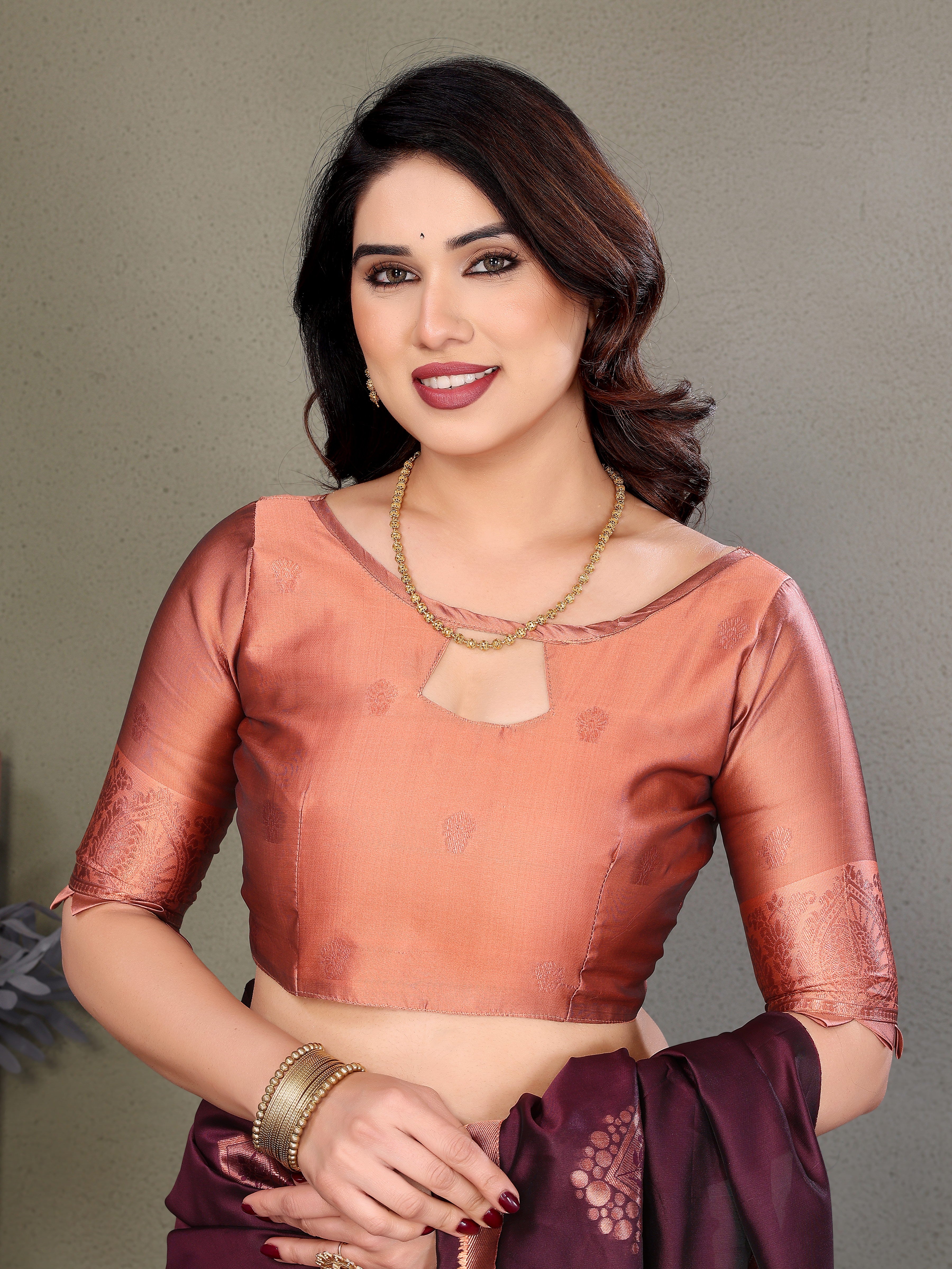 Maroon Copper Silk Blend Saree with Woven Pallu