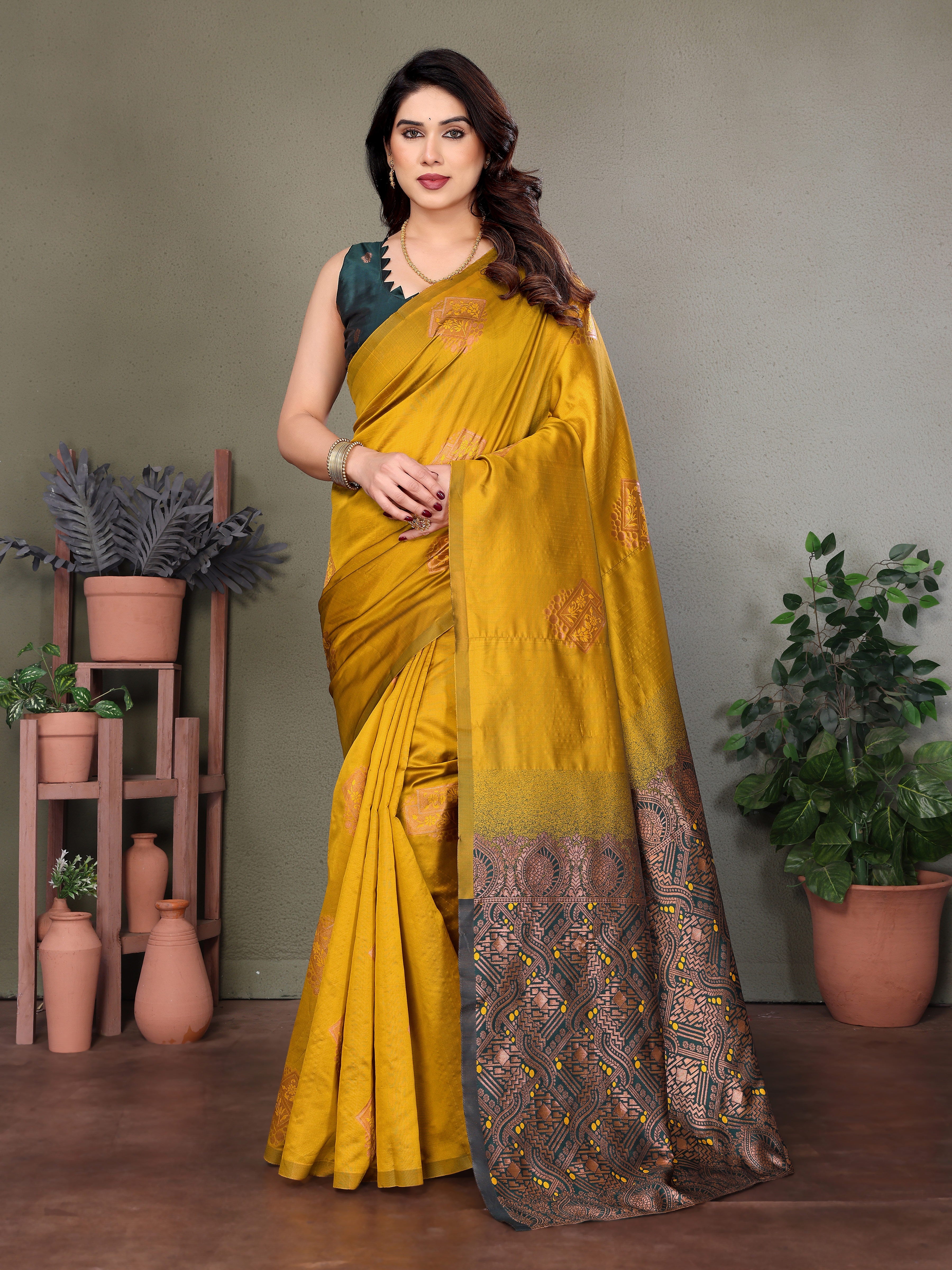 Mustard Yellow Silk Blend Saree with Rich Contrast Pallu