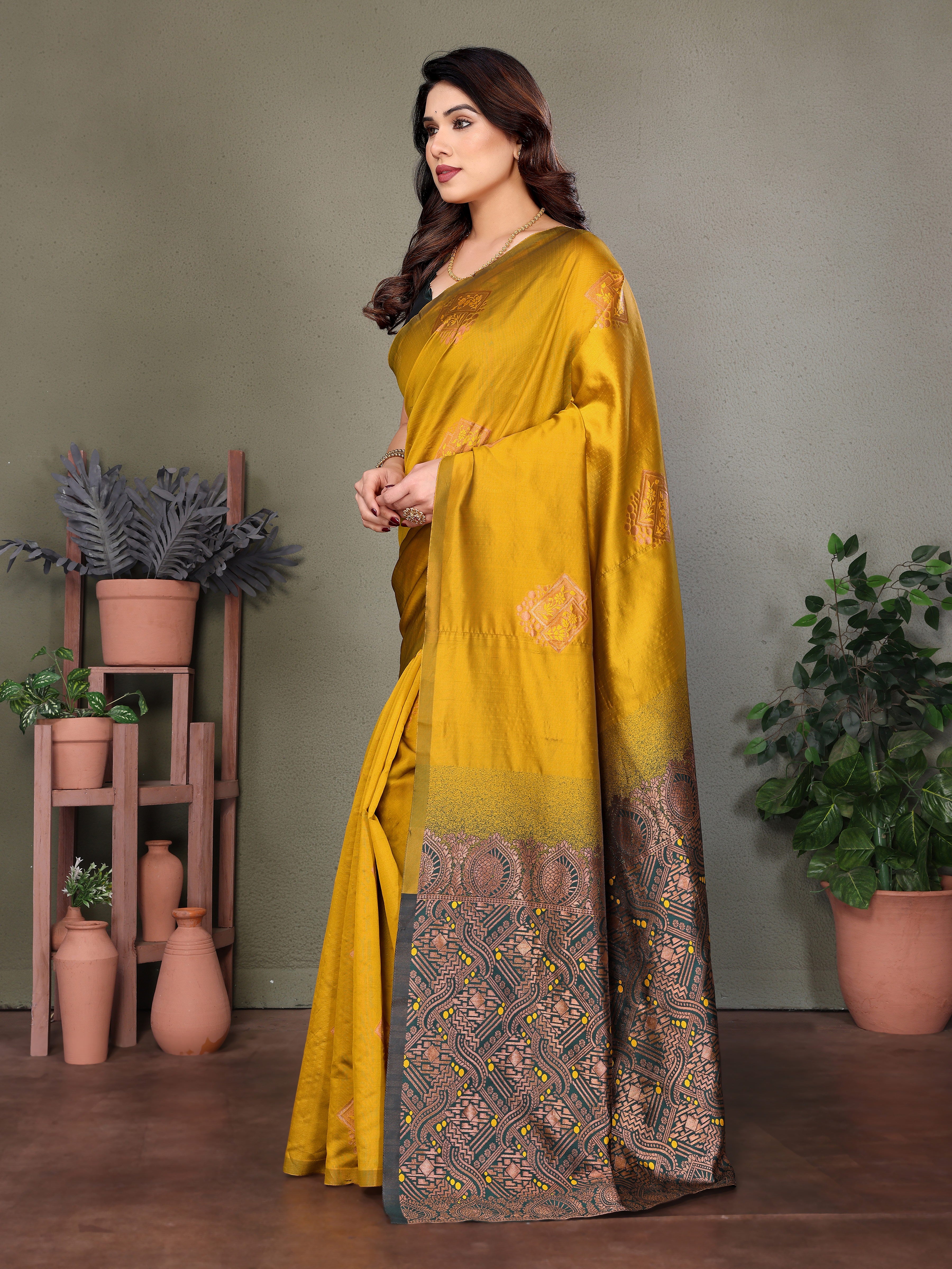 Mustard Yellow Silk Blend Saree with Rich Contrast Pallu