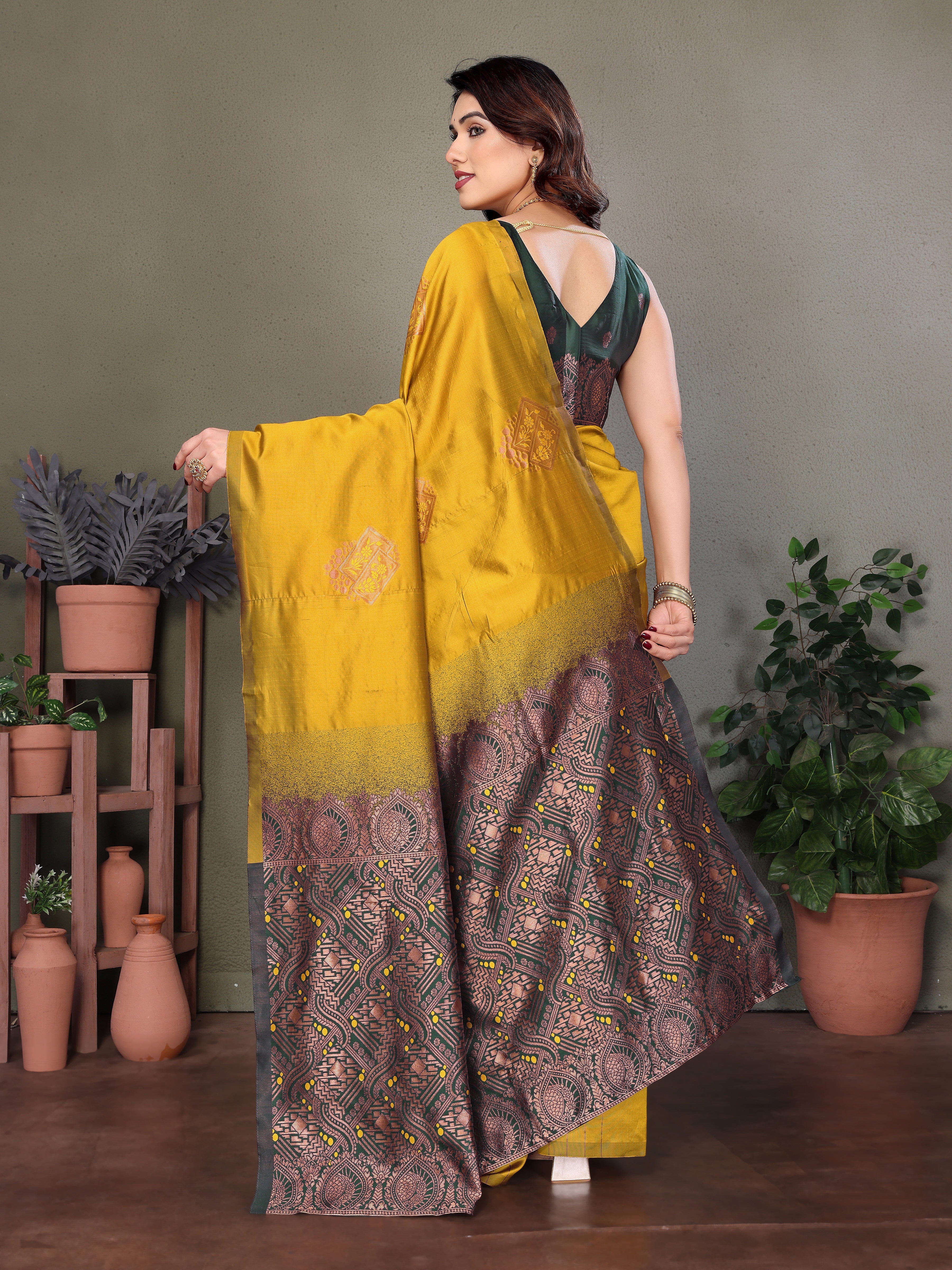 Mustard Yellow Silk Blend Saree with Rich Contrast Pallu