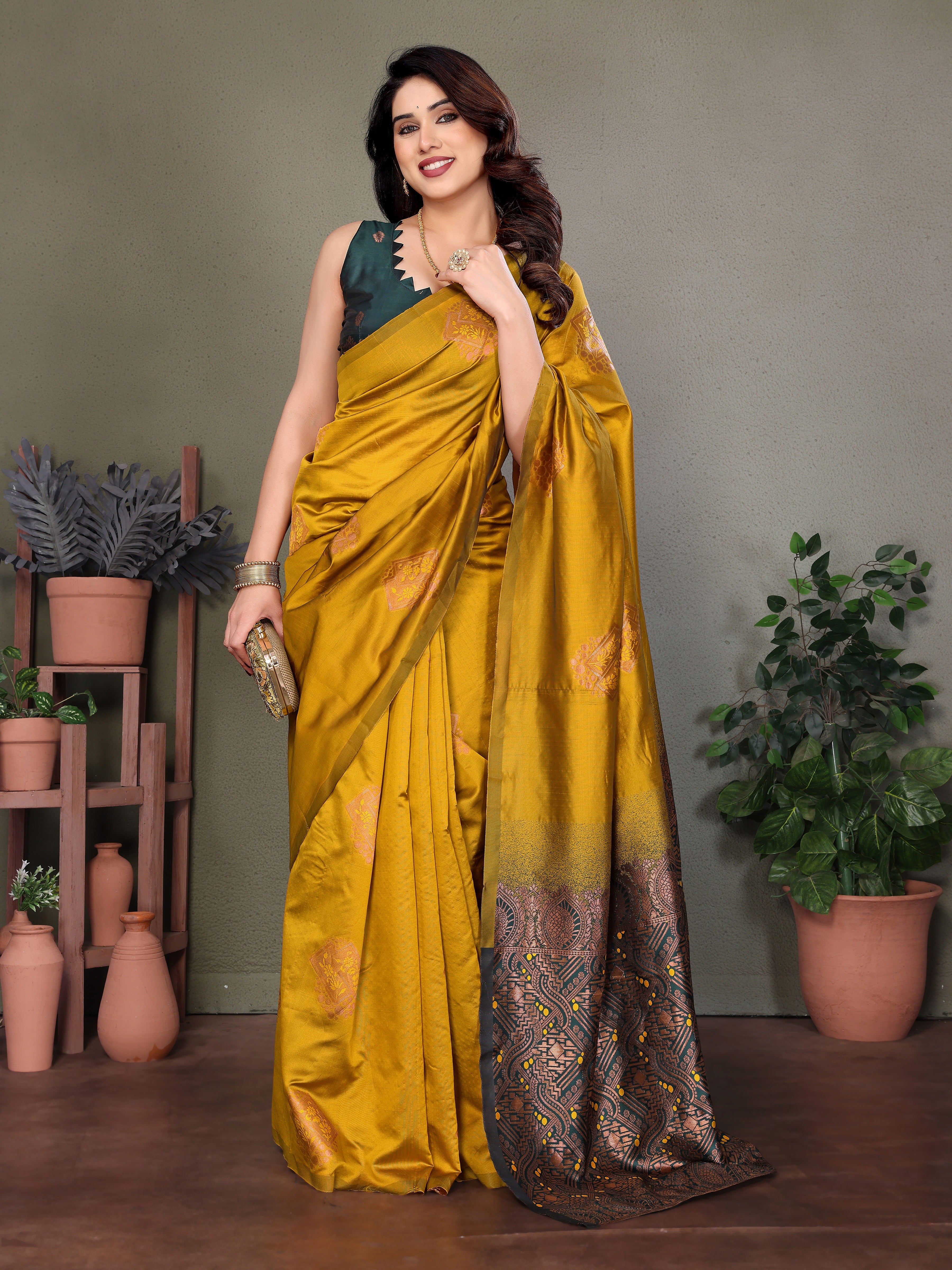 Mustard Yellow Silk Blend Saree with Rich Contrast Pallu