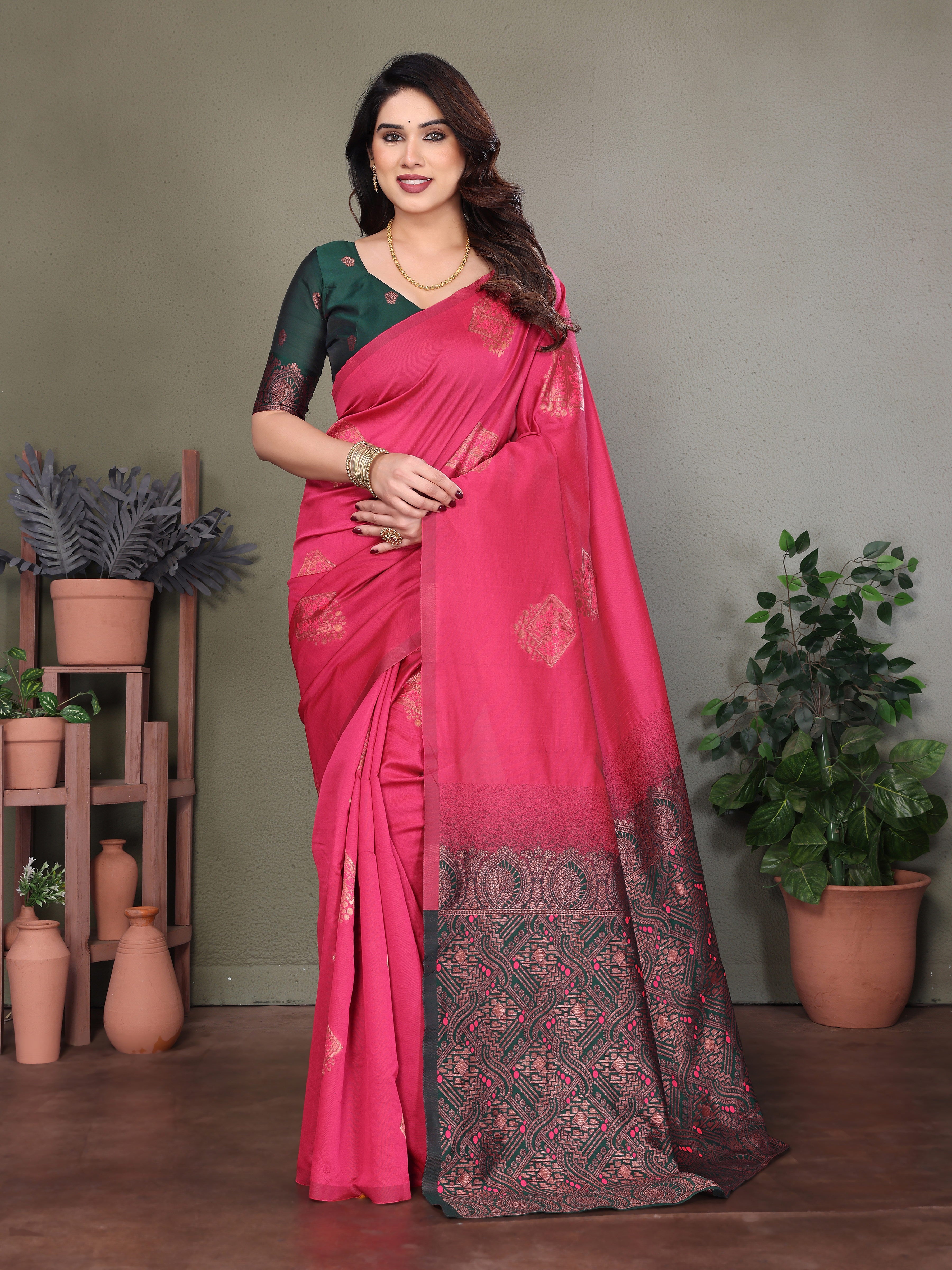 Pink Silk Blend Saree with Rich Black Woven Pallu