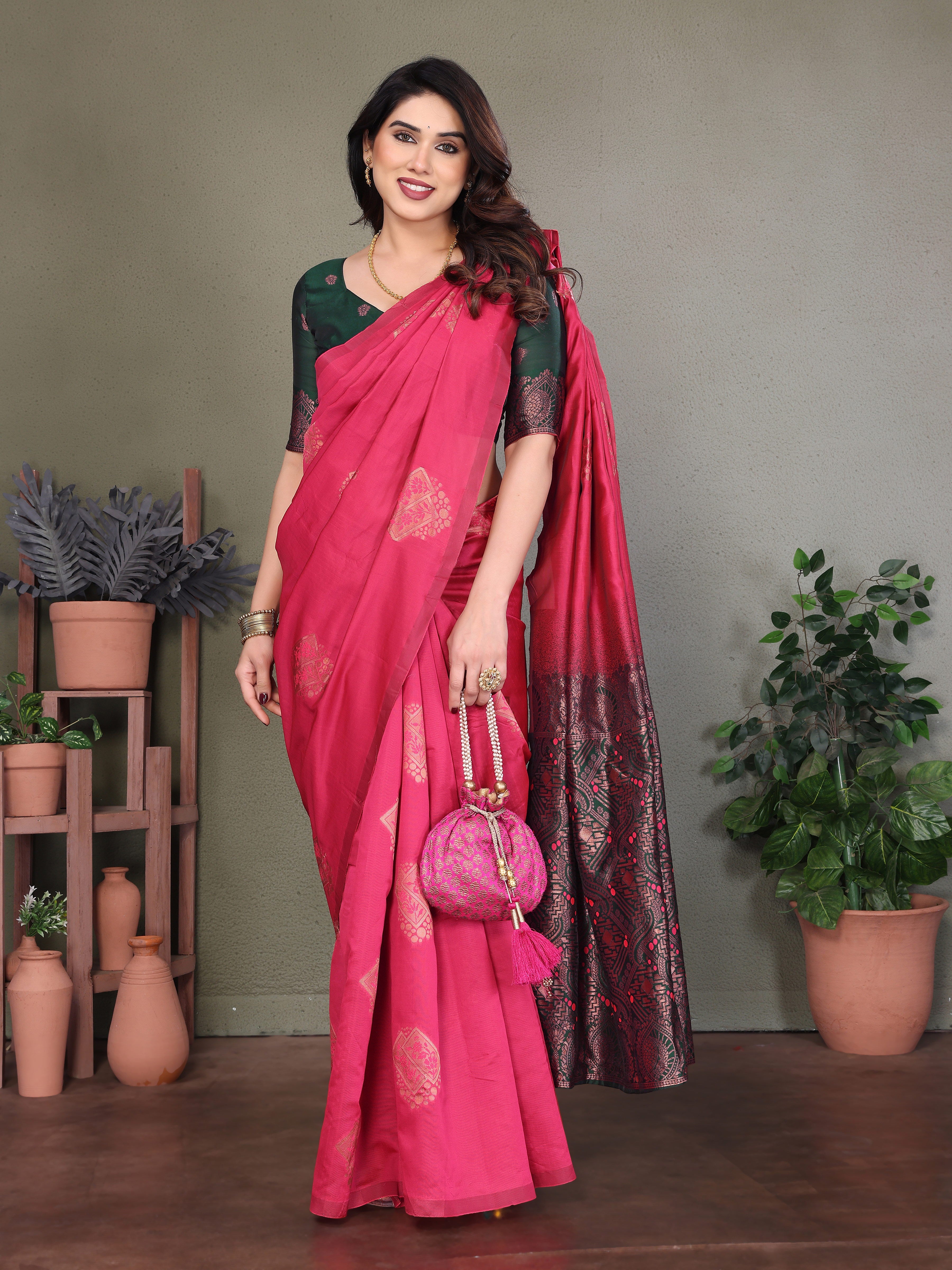 Pink Silk Blend Saree with Rich Black Woven Pallu