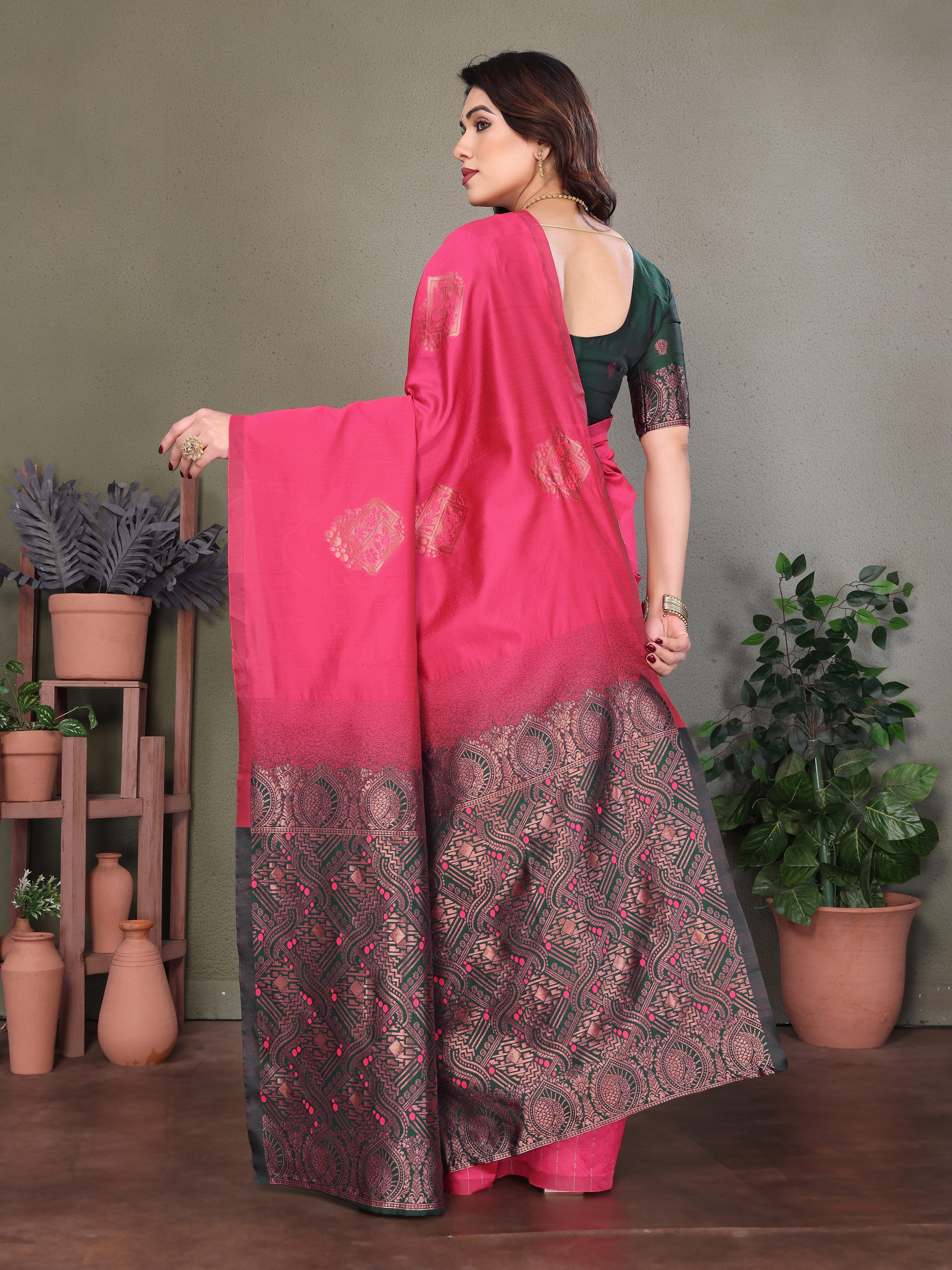 Pink Silk Blend Saree with Rich Black Woven Pallu