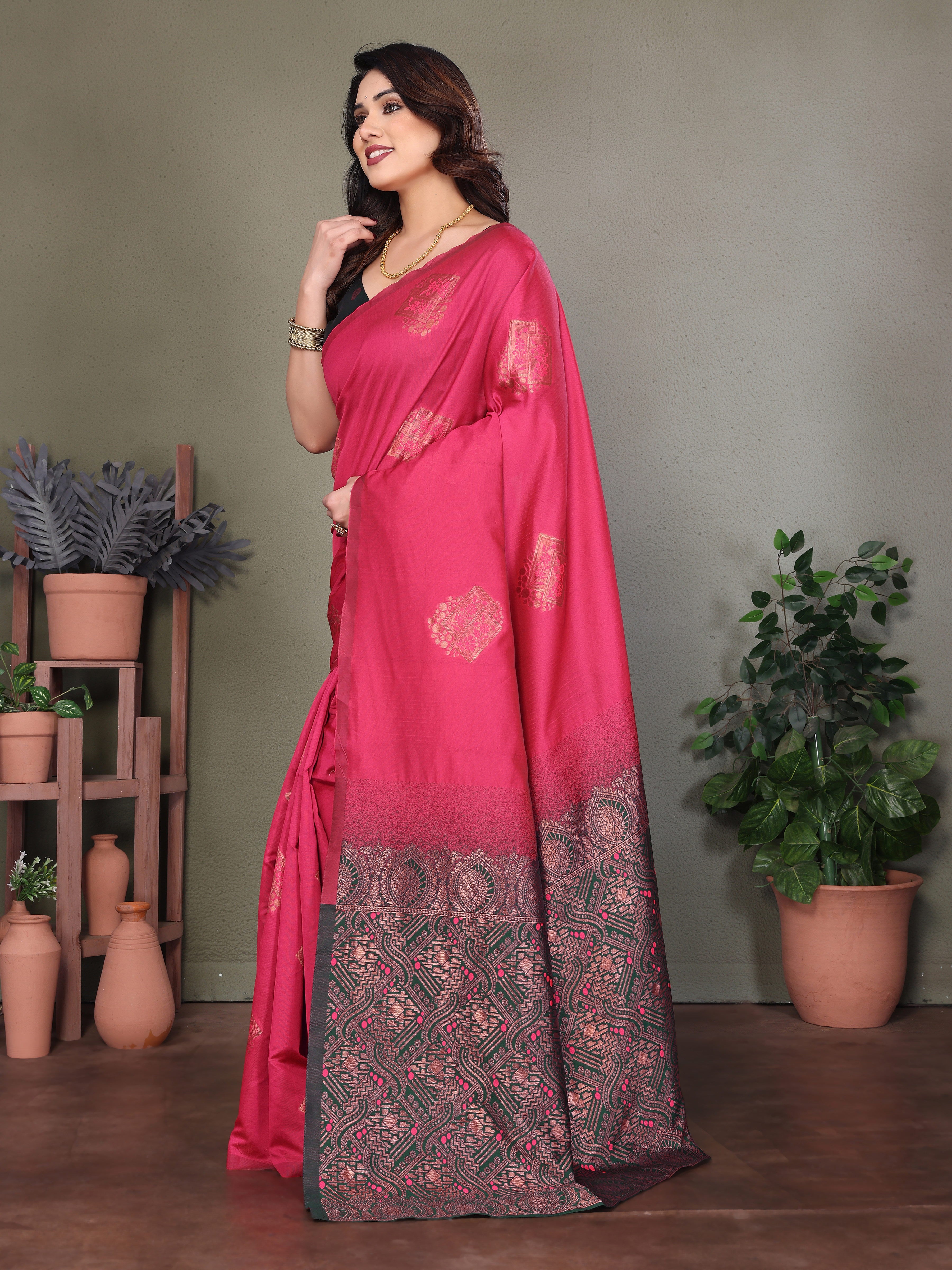 Pink Silk Blend Saree with Rich Black Woven Pallu