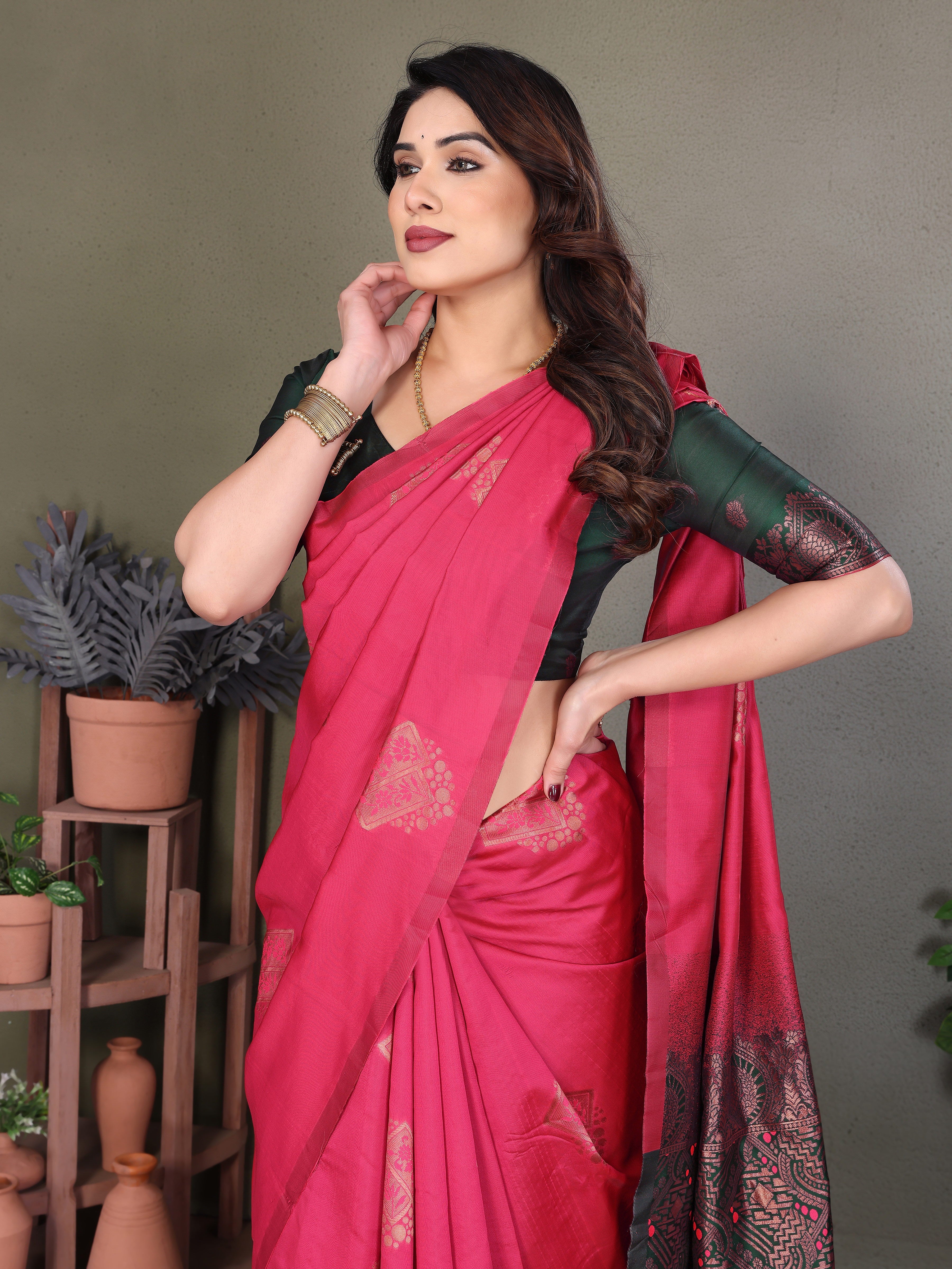 Pink Silk Blend Saree with Rich Black Woven Pallu