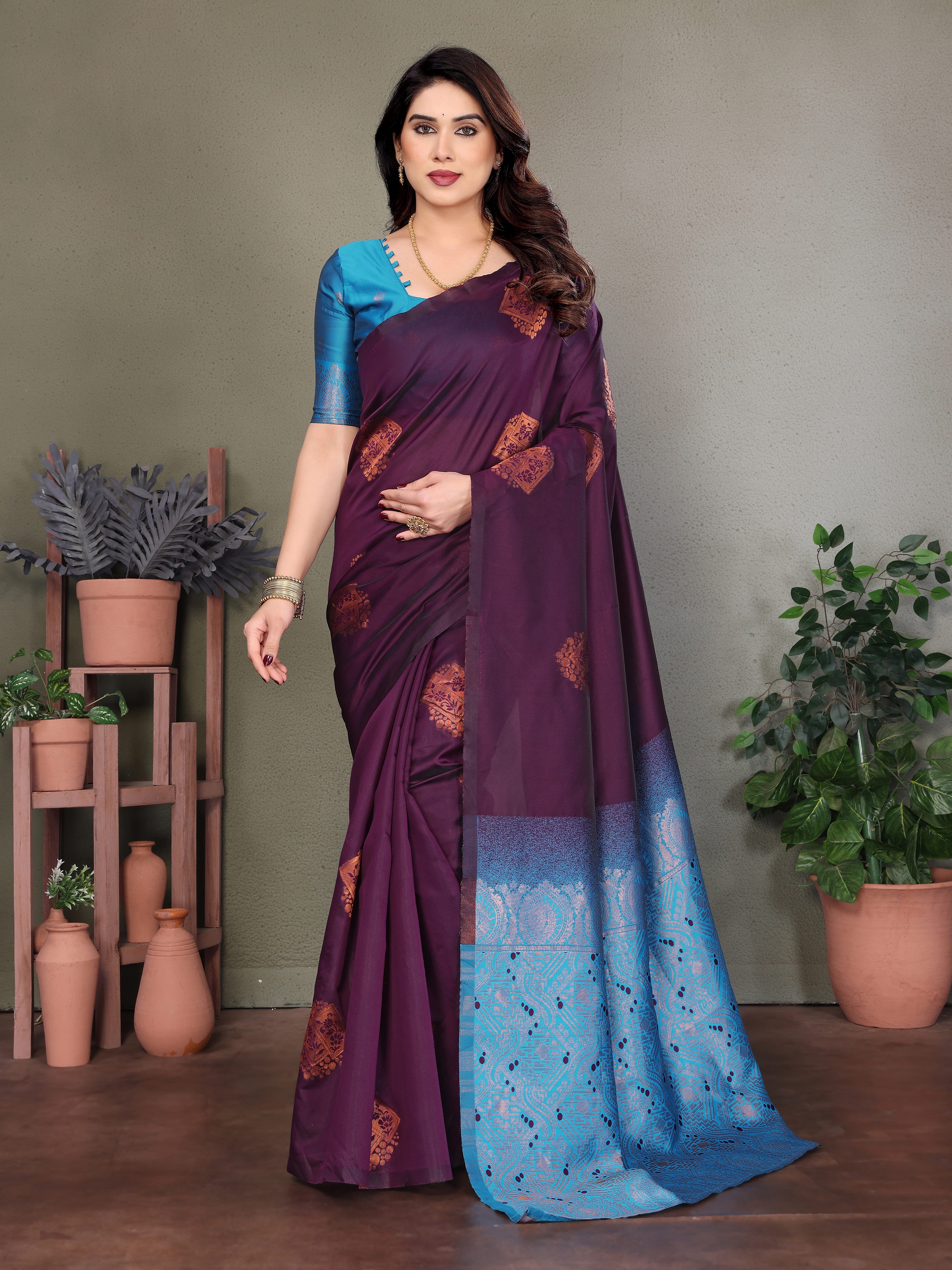 Royal Purple Silk Saree with Sky Blue Woven Pallu