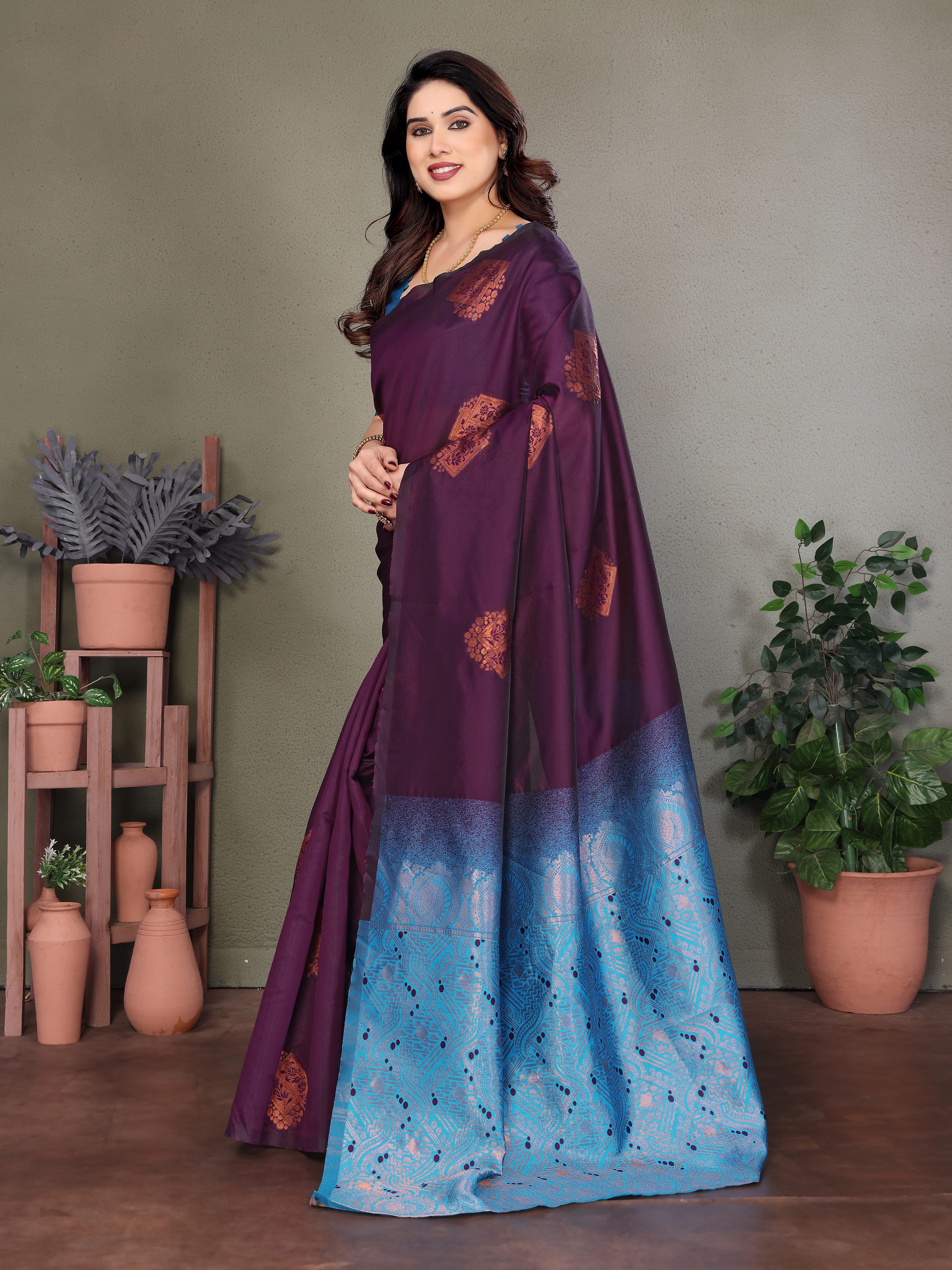 Royal Purple Silk Saree with Sky Blue Woven Pallu