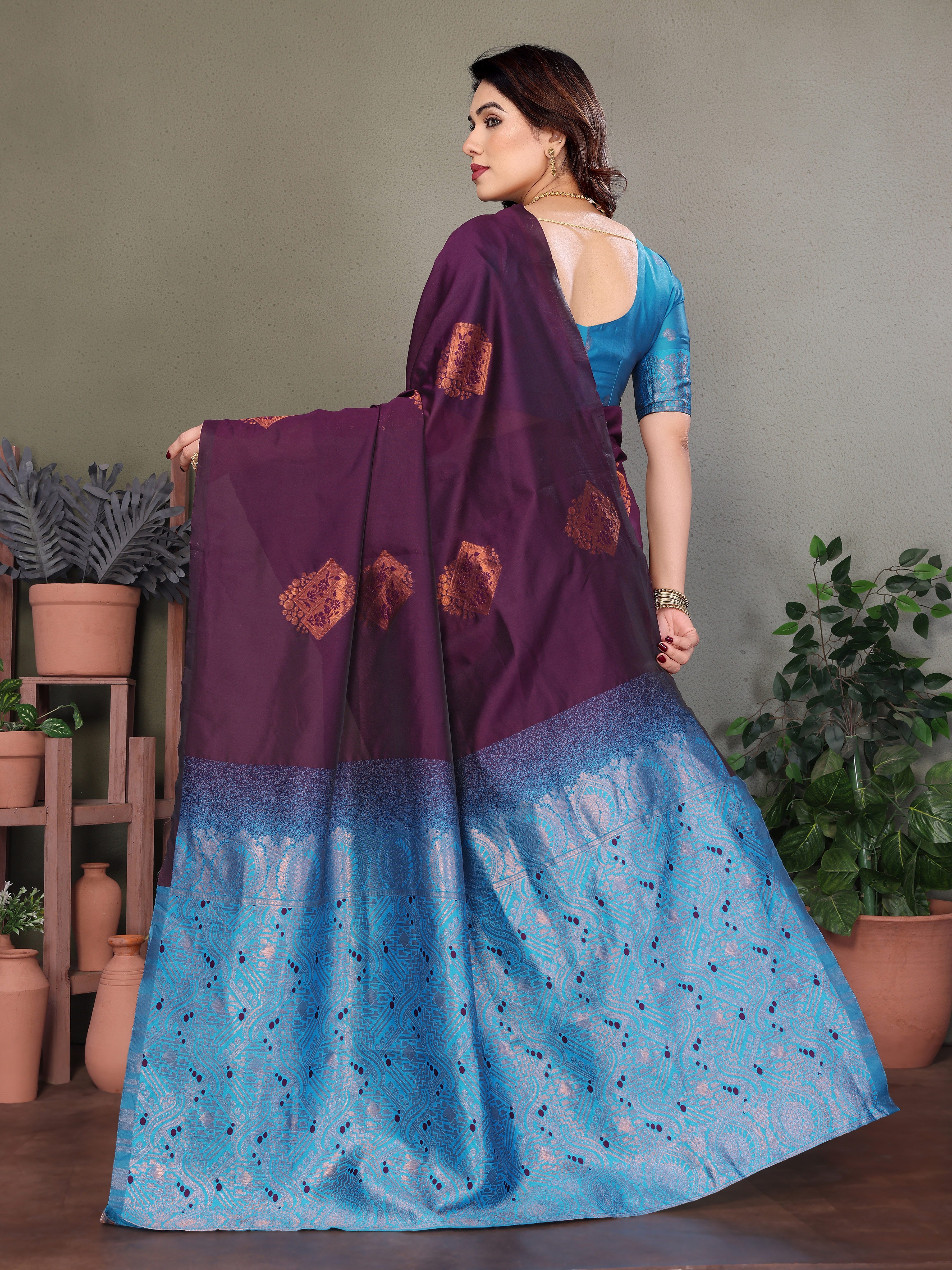 Royal Purple Silk Saree with Sky Blue Woven Pallu