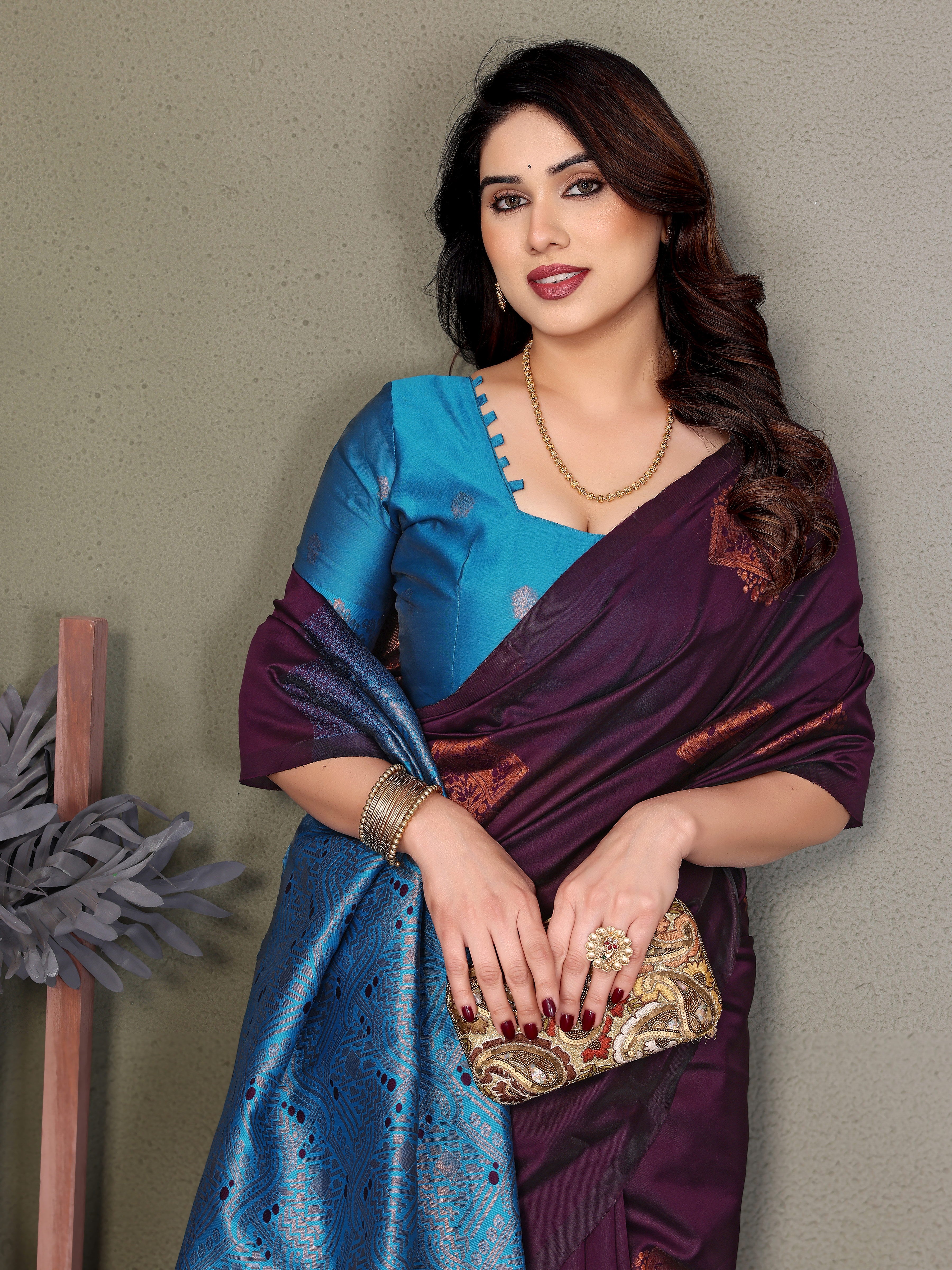 Royal Purple Silk Saree with Sky Blue Woven Pallu
