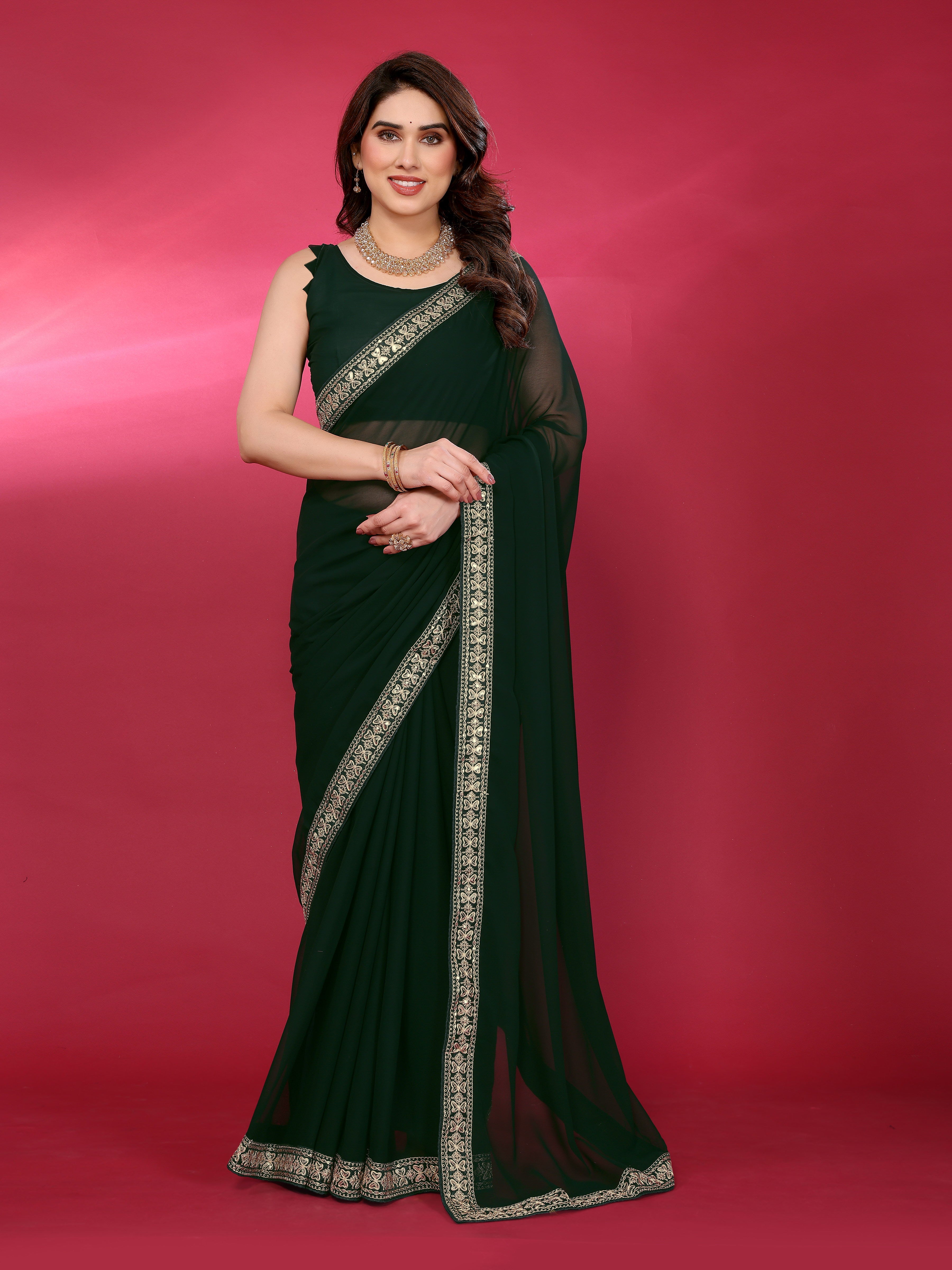 Dark Green Georgette Saree with Golden Embroidered Border