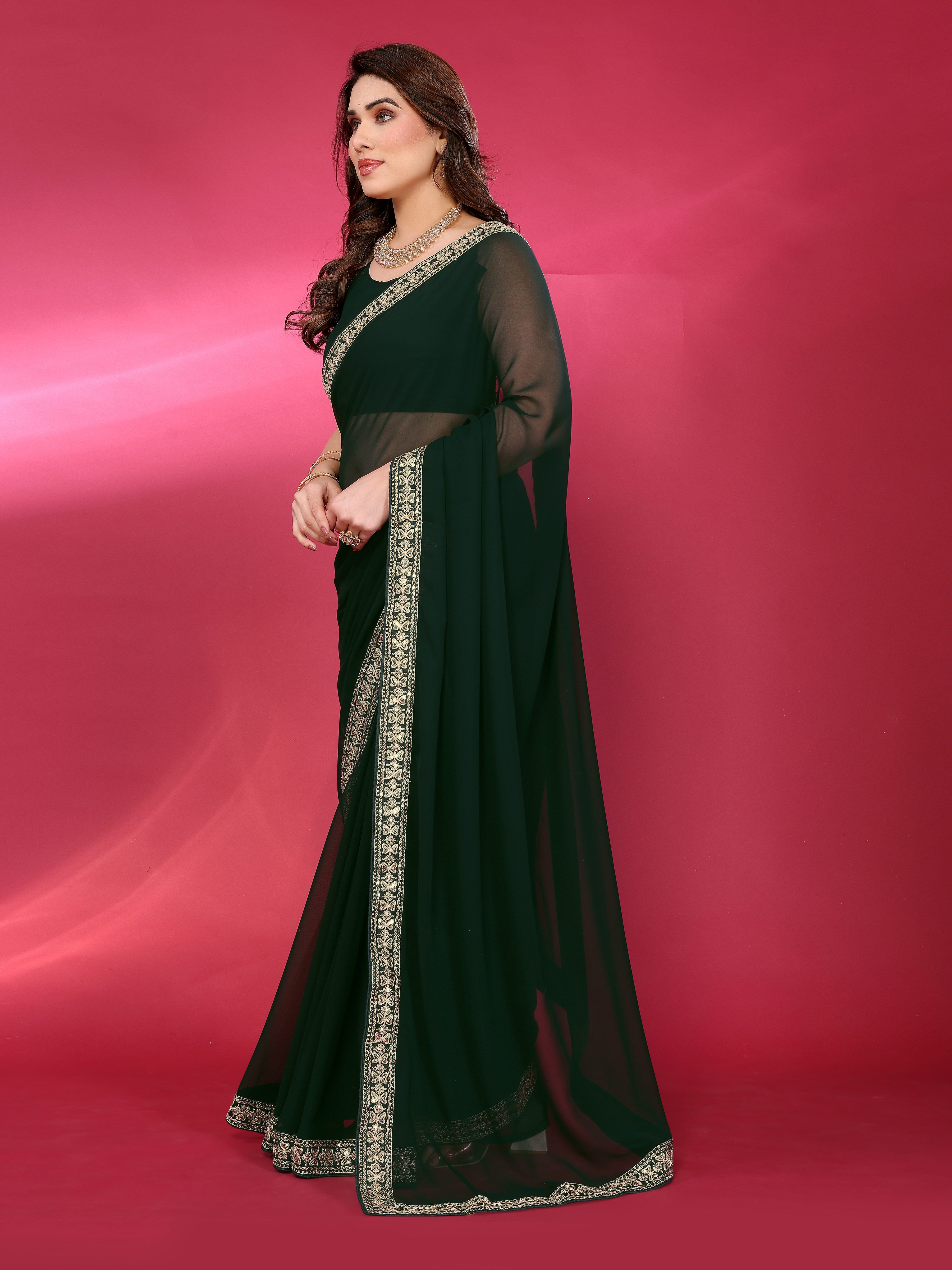 Dark Green Georgette Saree with Golden Embroidered Border