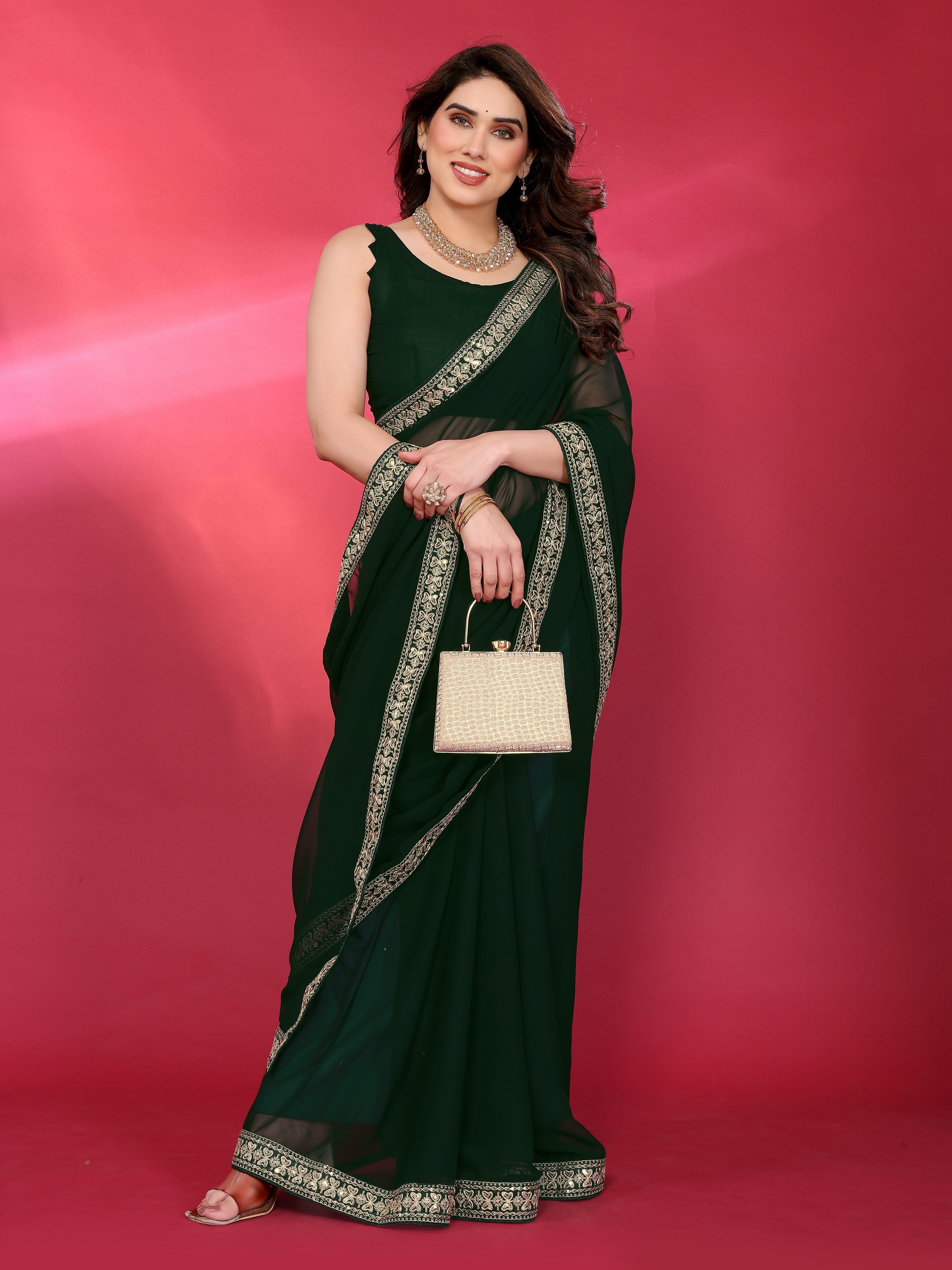 Dark Green Georgette Saree with Golden Embroidered Border