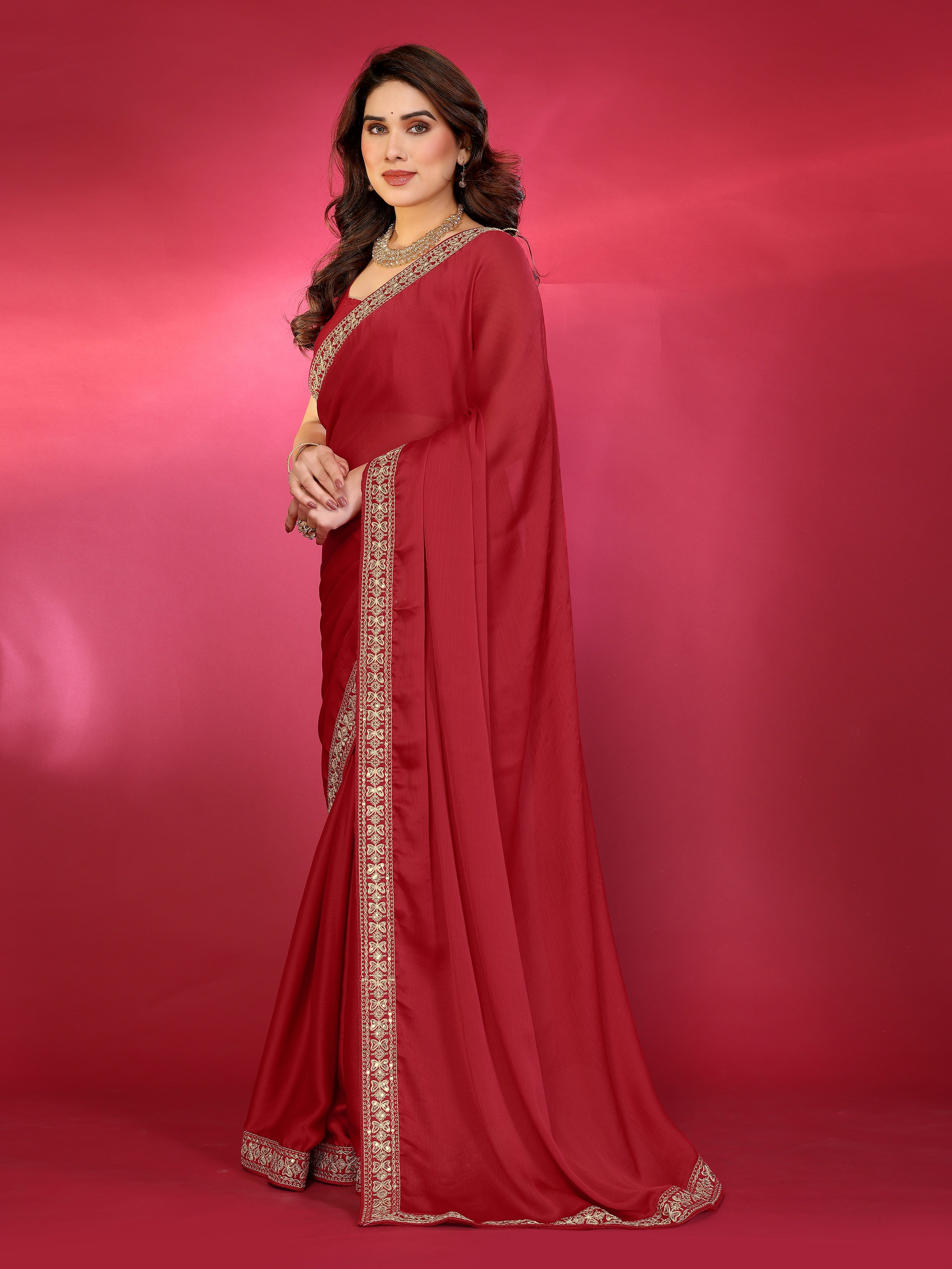Elegant  Georgette Saree with Golden Embroidered Border