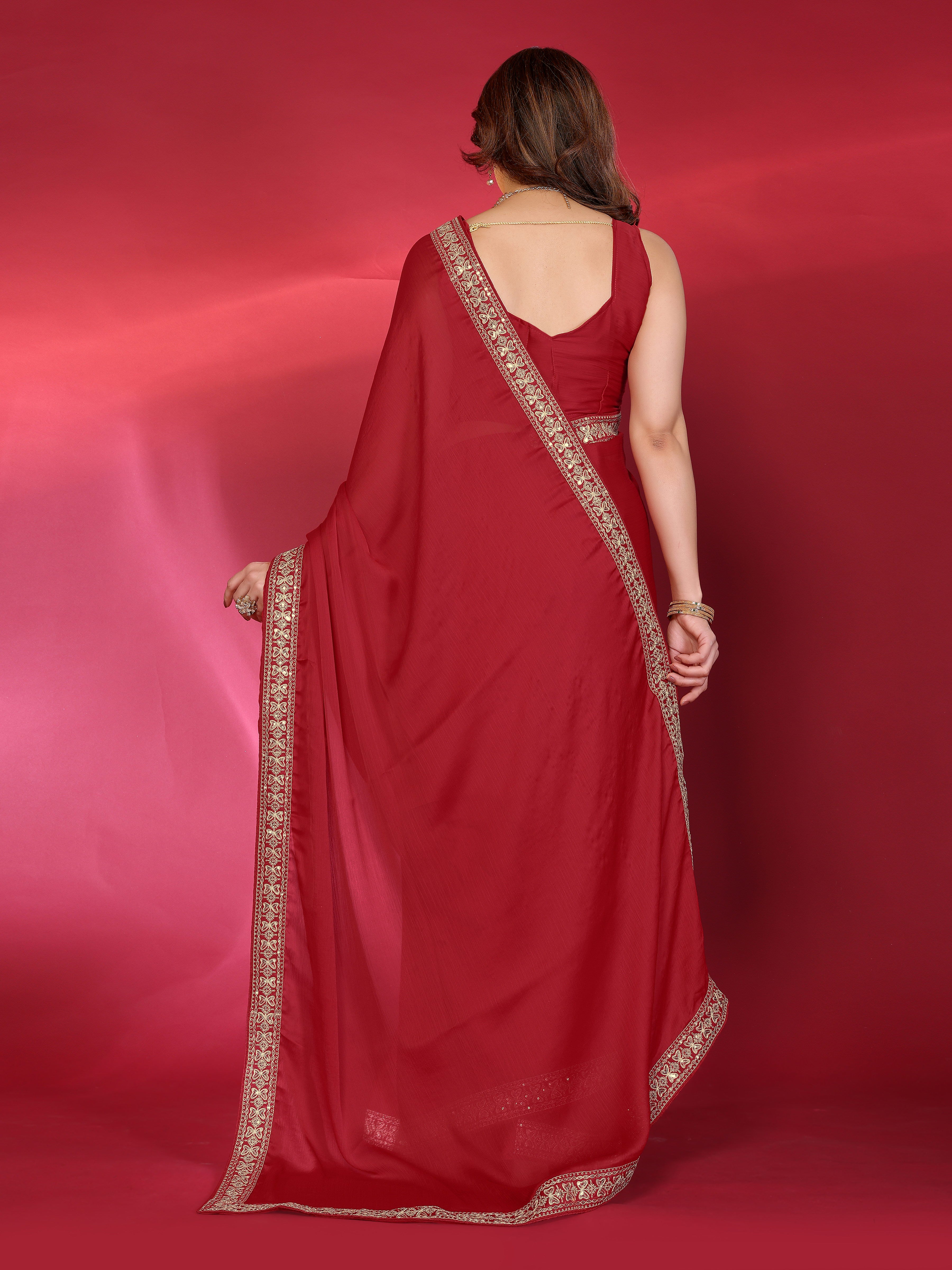 Elegant  Georgette Saree with Golden Embroidered Border