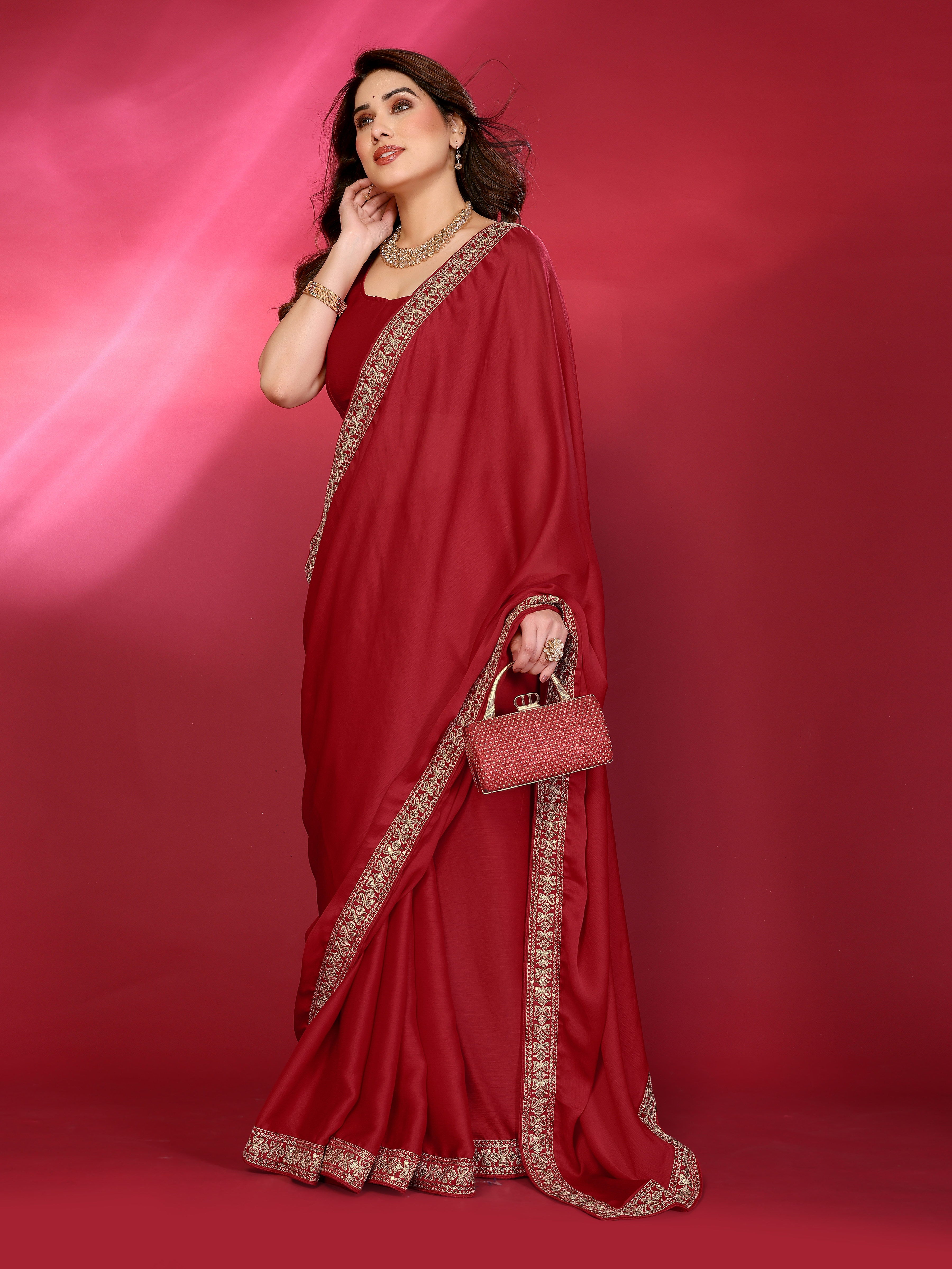 Elegant  Georgette Saree with Golden Embroidered Border