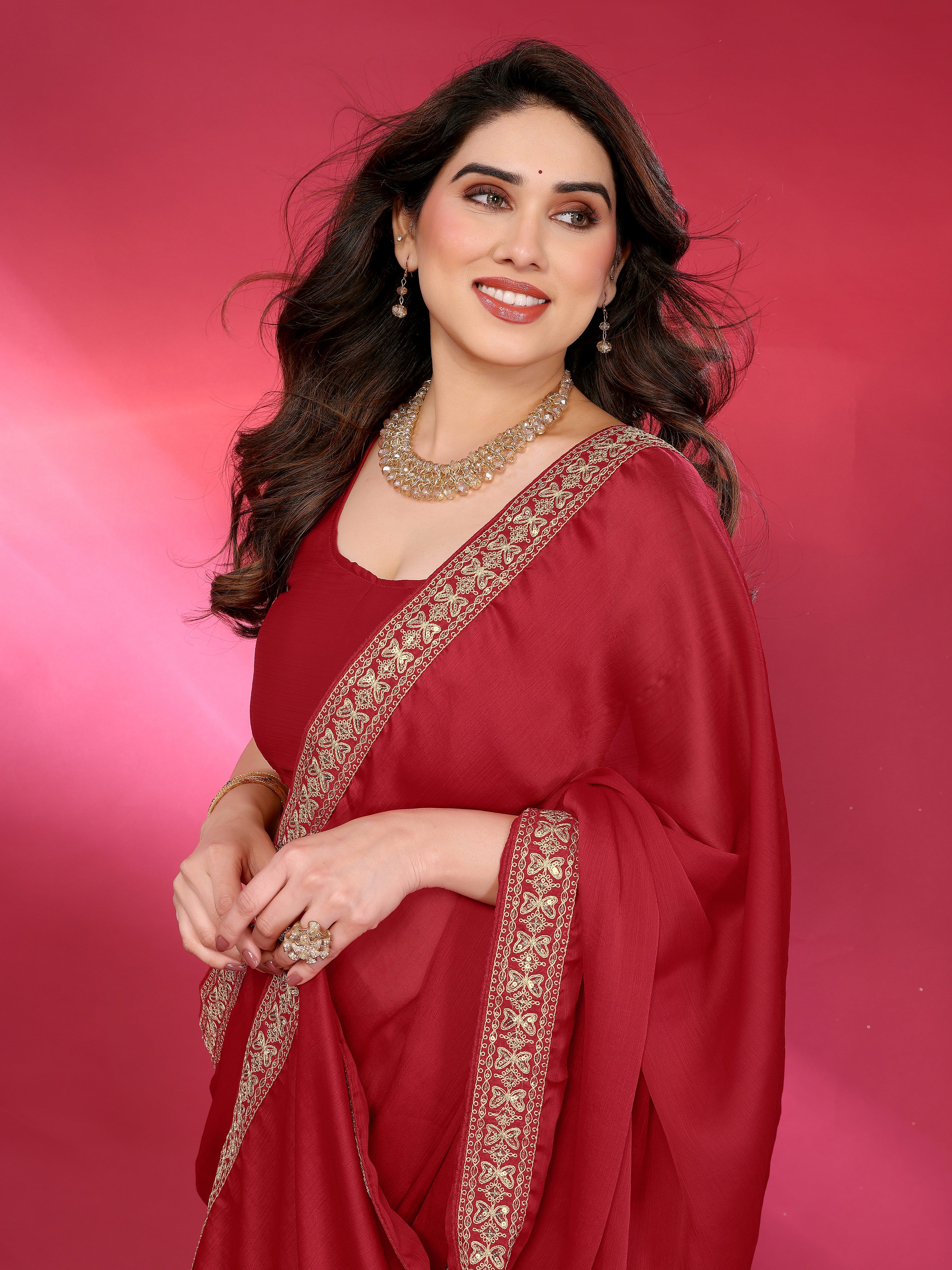 Elegant  Georgette Saree with Golden Embroidered Border