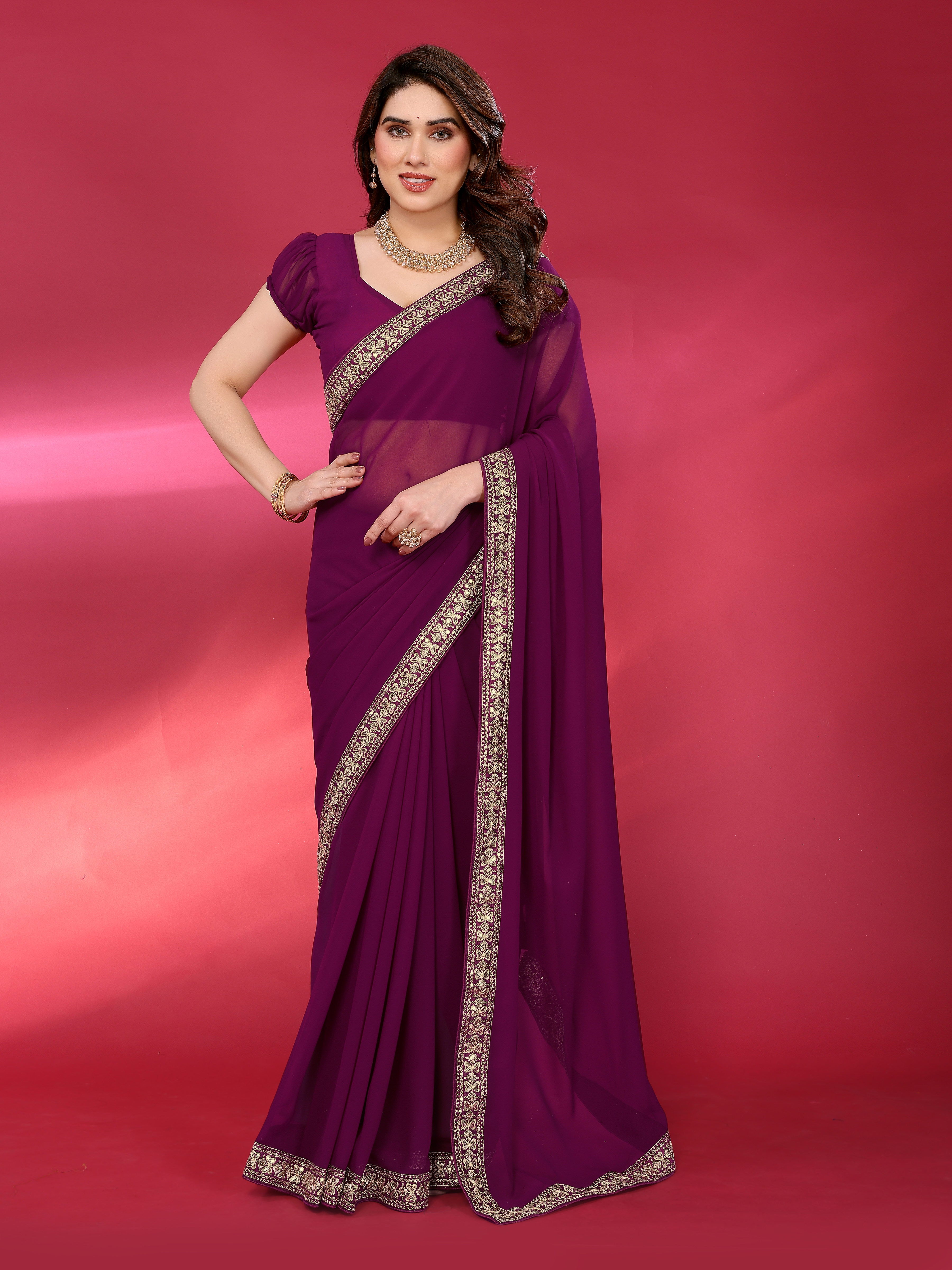 Elegant  Georgette Saree with Golden Embroidered Border